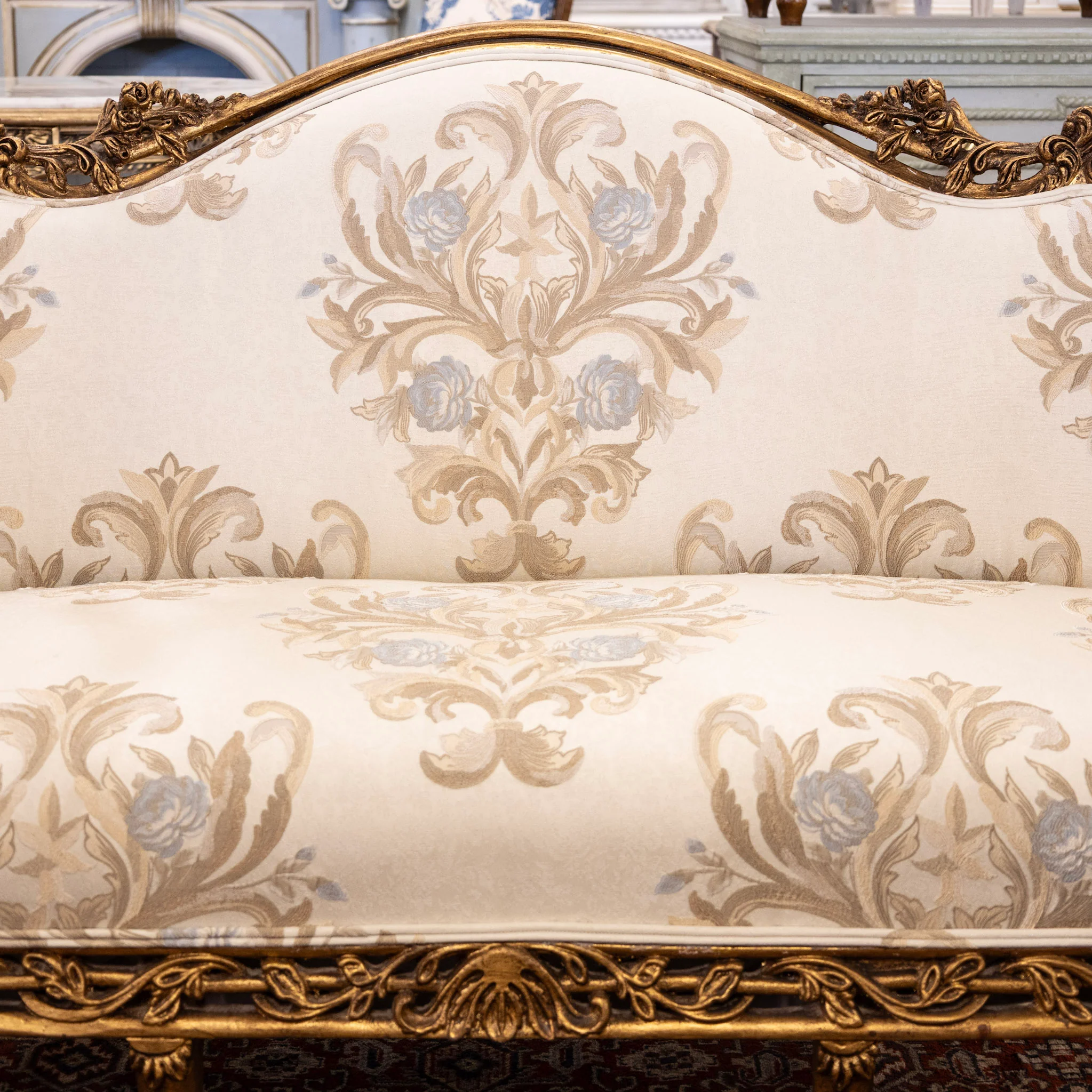 Louis XV Gilded Sofa – Carved Floral Frame & Cream Damask Upholstery - Image 2