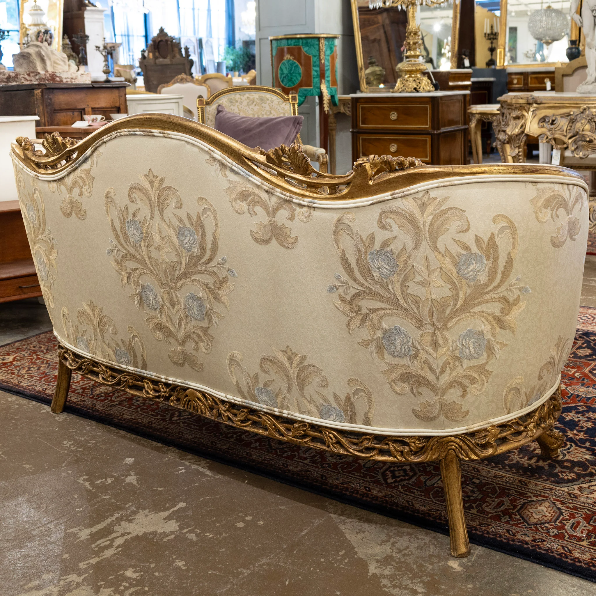 Louis XV Gilded Sofa – Carved Floral Frame & Cream Damask Upholstery - Image 8