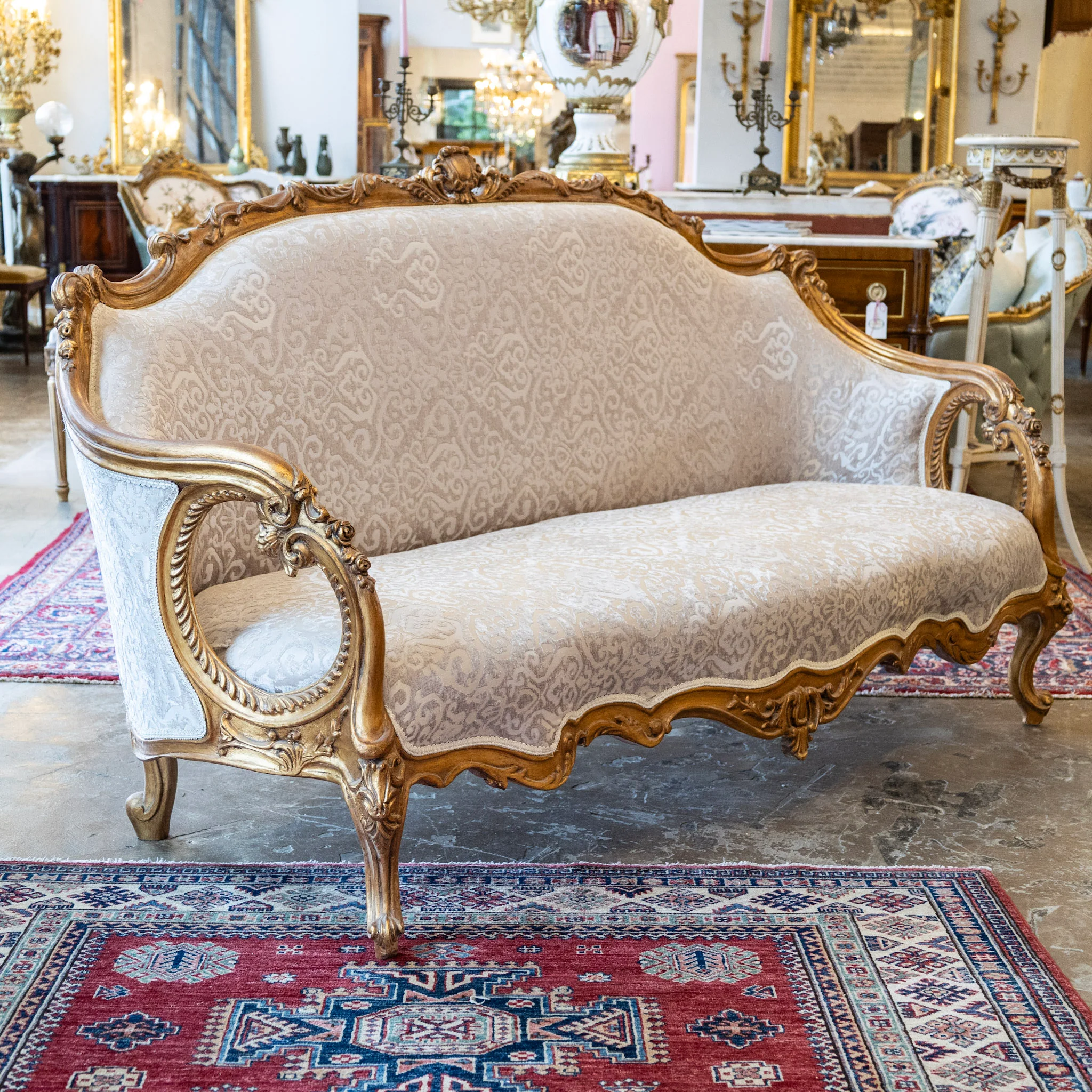 Louis XV Gilded Sofa – Carved Frame & Cream Damask Upholstery - Image 2