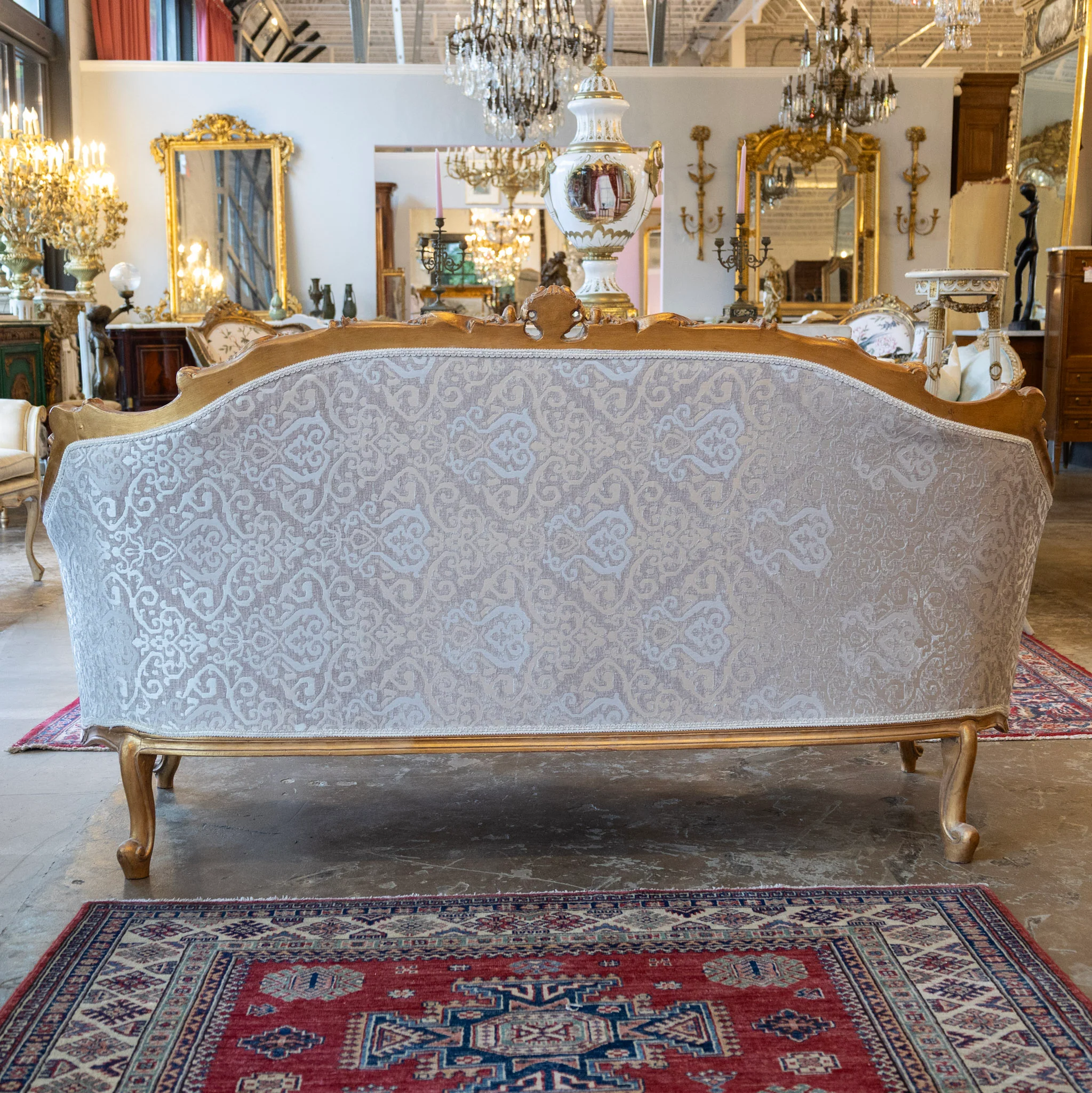Louis XV Gilded Sofa – Carved Frame & Cream Damask Upholstery - Image 9