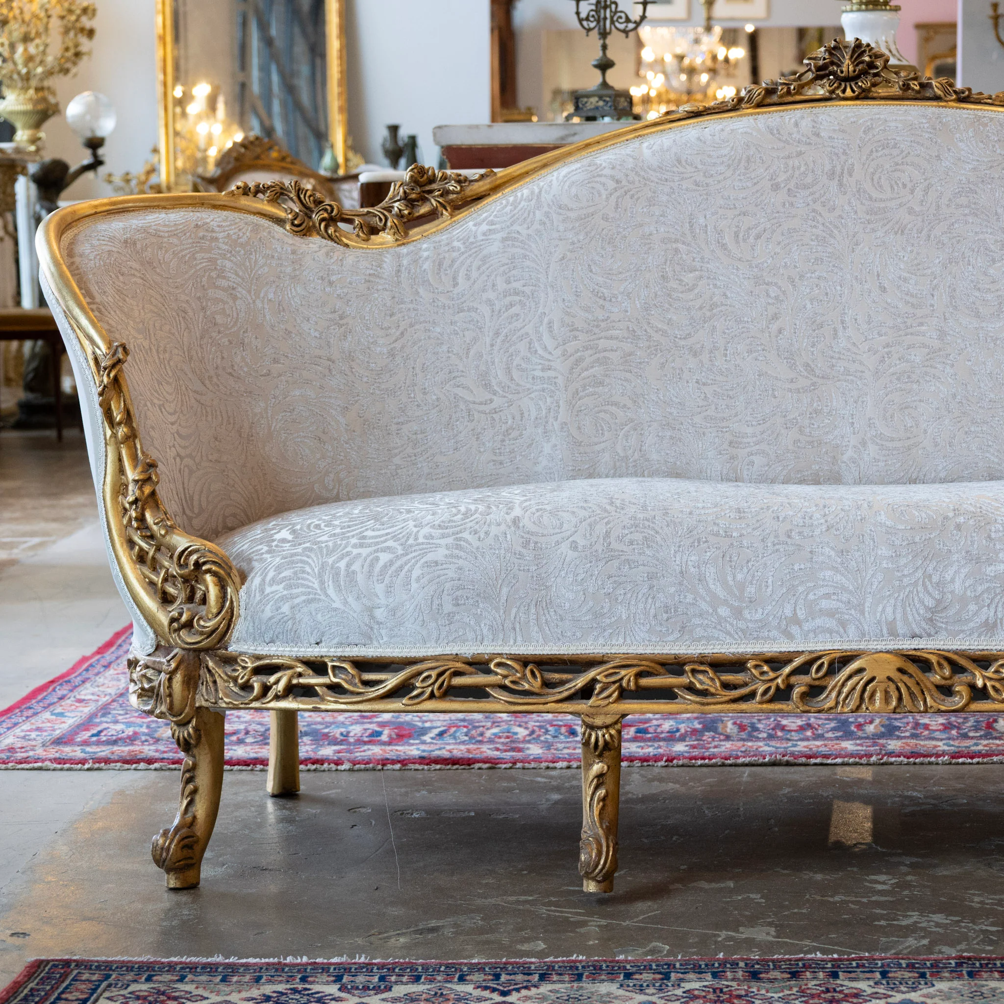 Louis XV Gilded Sofa – Carved Trim & Cream Velvet Textured Upholstery - Image 3