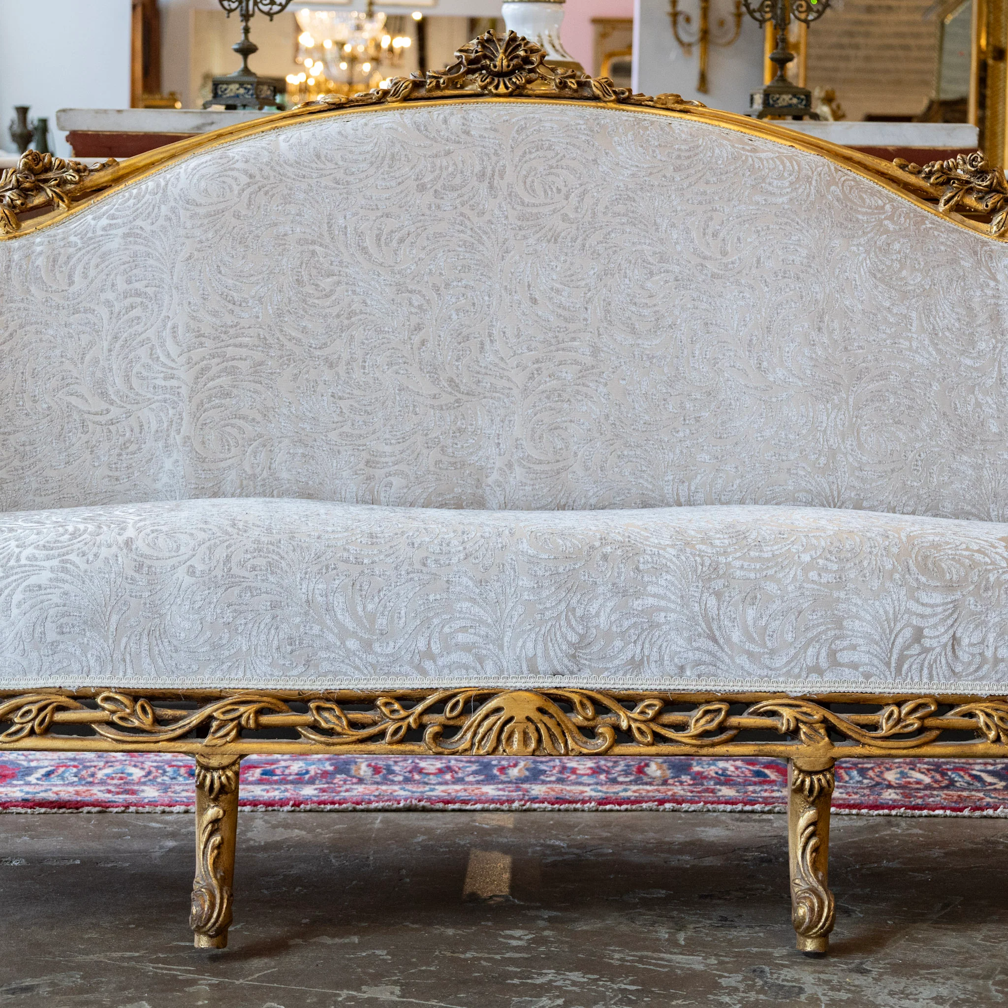 Louis XV Gilded Sofa – Carved Trim & Cream Velvet Textured Upholstery - Image 5