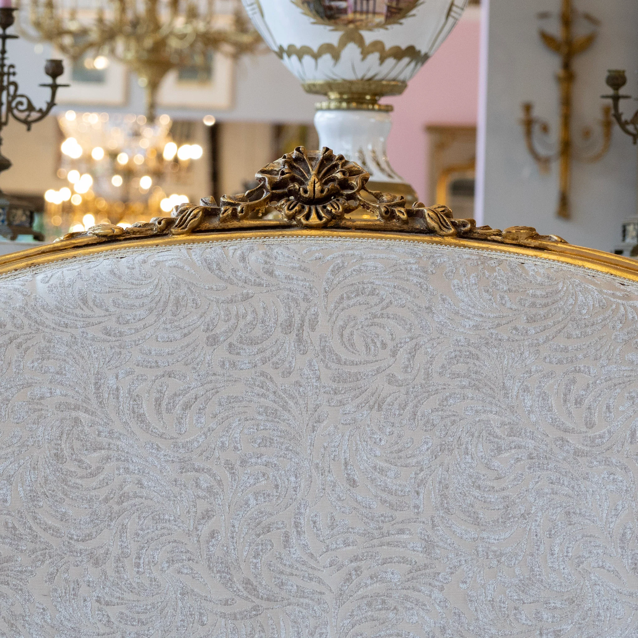 Louis XV Gilded Sofa – Carved Trim & Cream Velvet Textured Upholstery - Image 6