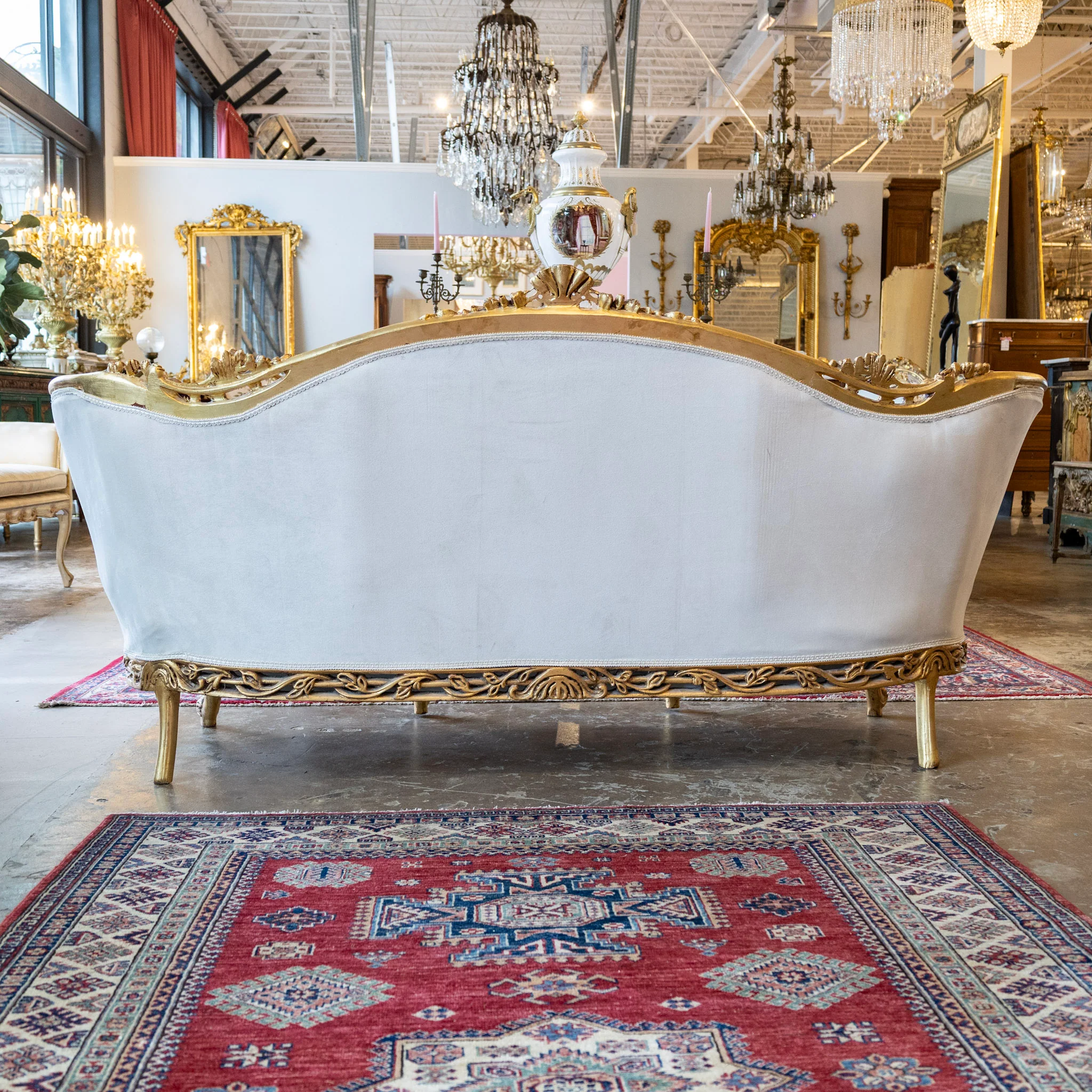 Louis XV Gilded Sofa – Carved Trim & Cream Velvet Textured Upholstery - Image 9