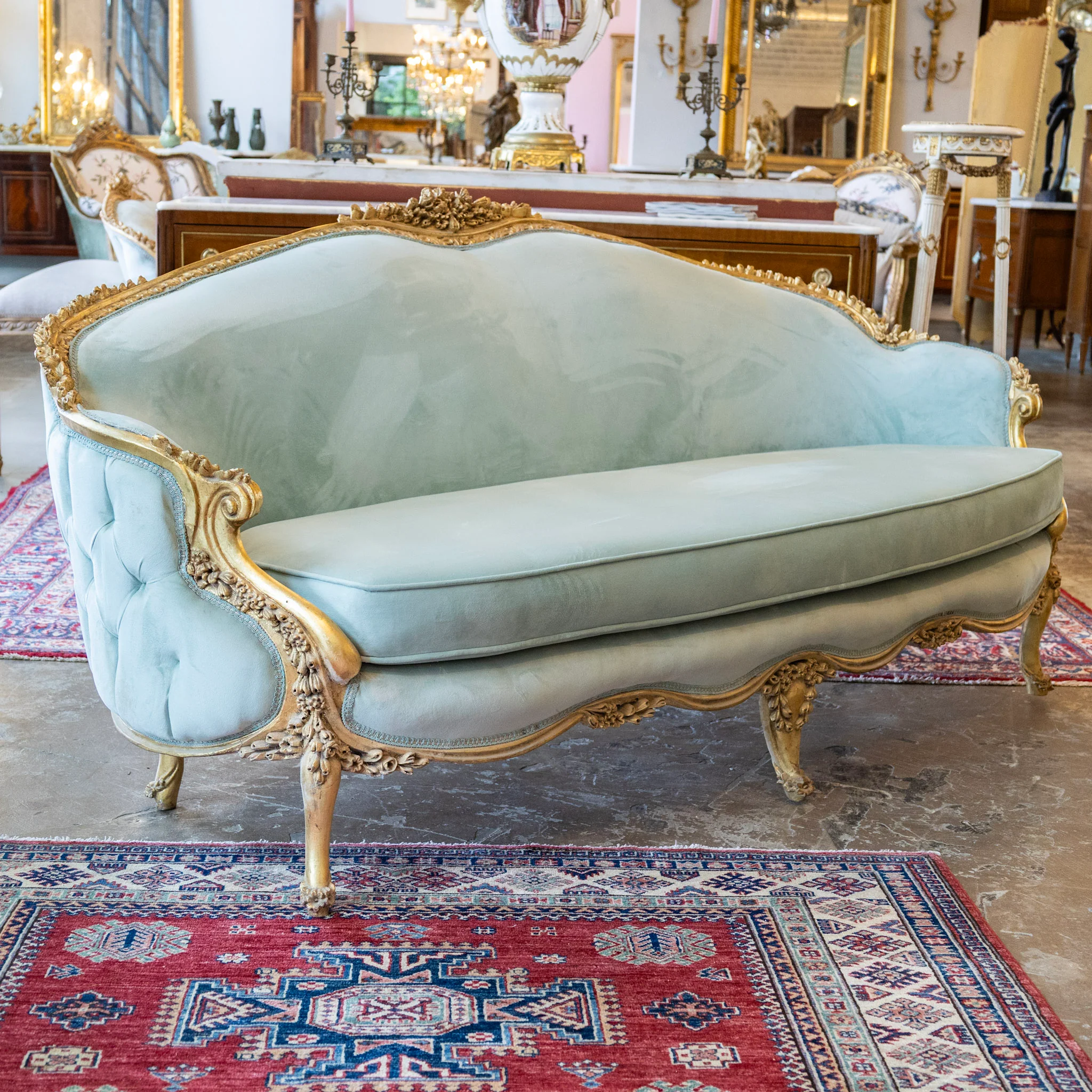 Louis XV Gilded Sofa – Carved with Tufted Pale Aqua Velvet Upholstery - Image 2