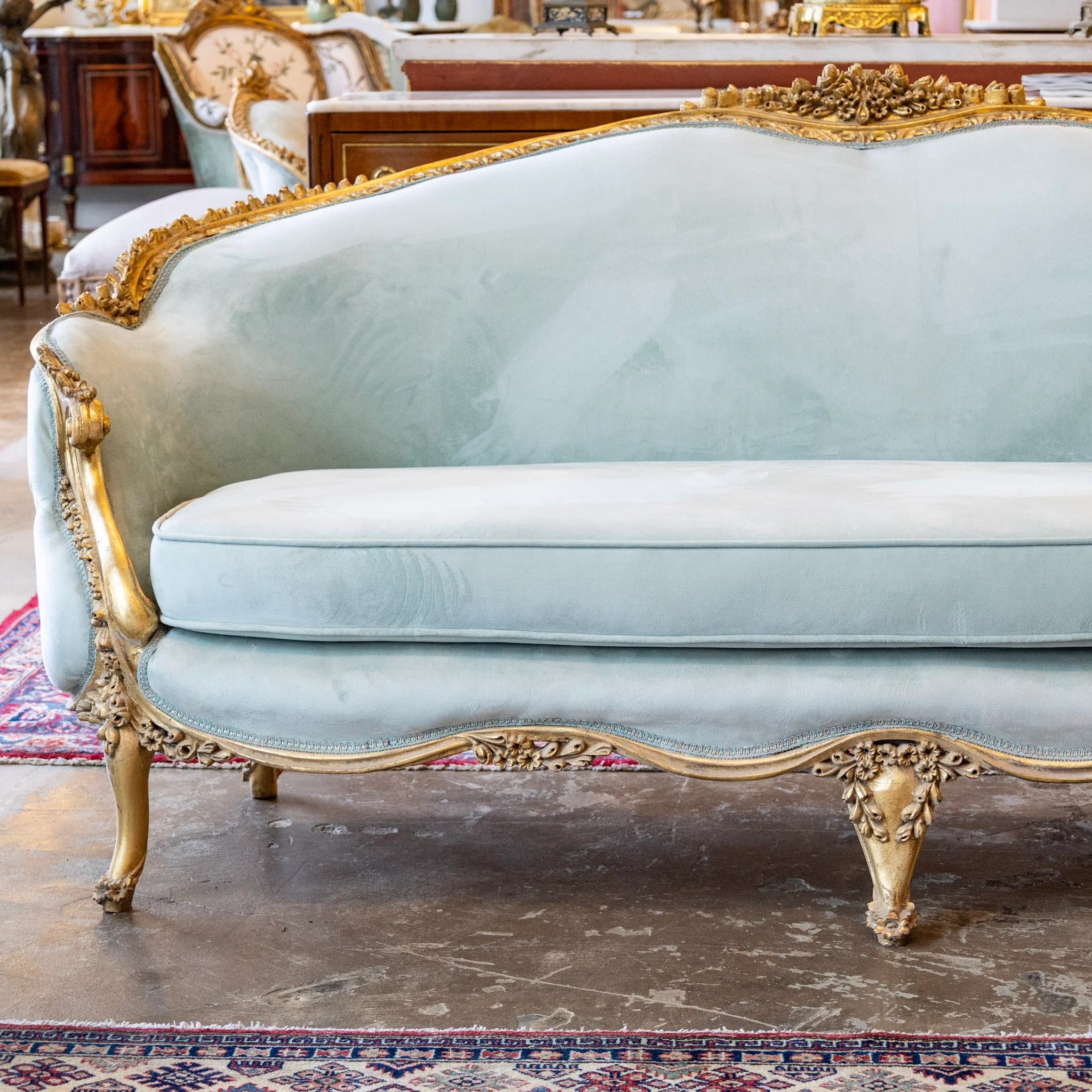 Louis XV Gilded Sofa – Carved with Tufted Pale Aqua Velvet Upholstery - Image 3