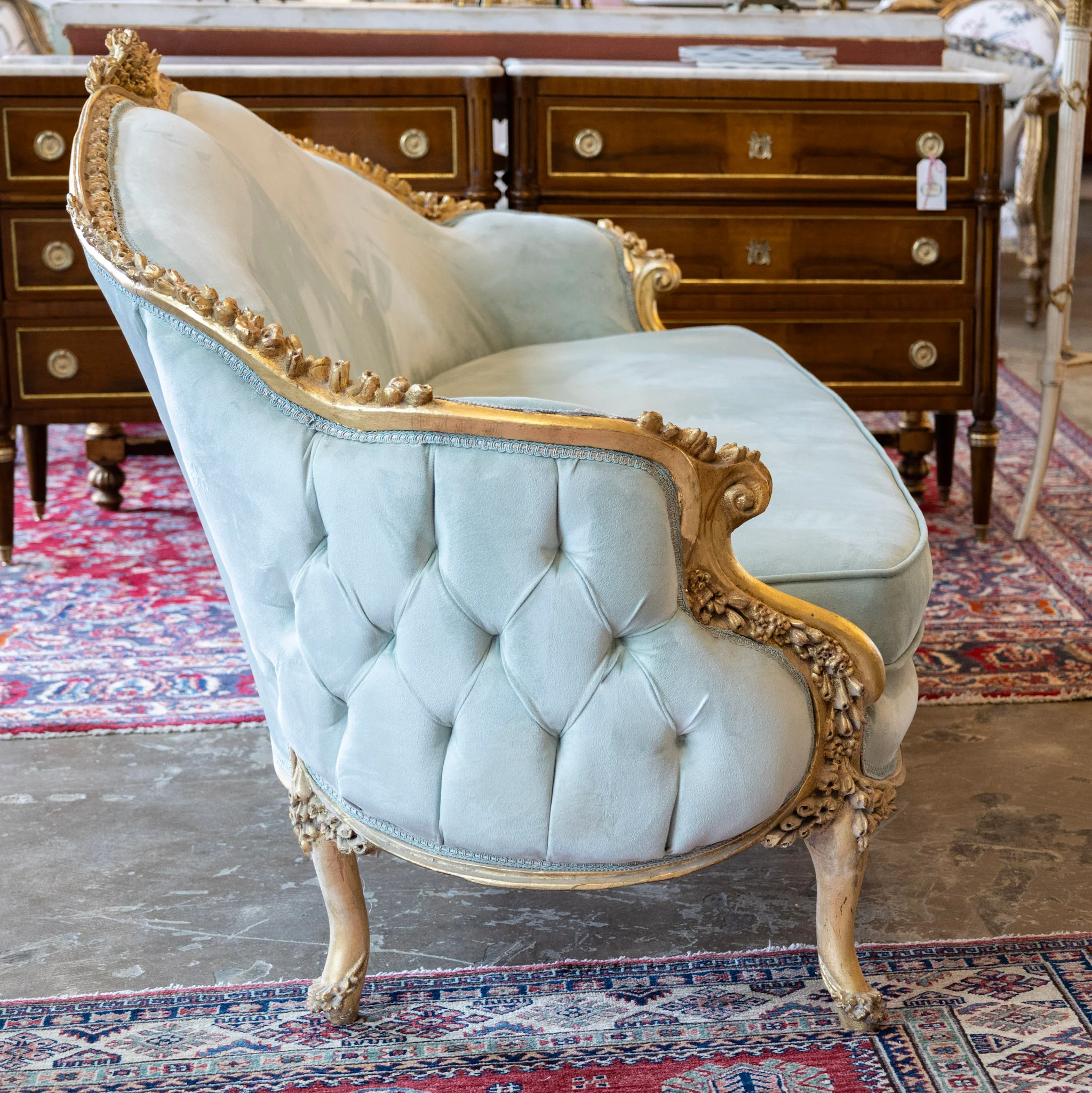 Louis XV Gilded Sofa – Carved with Tufted Pale Aqua Velvet Upholstery - Image 4