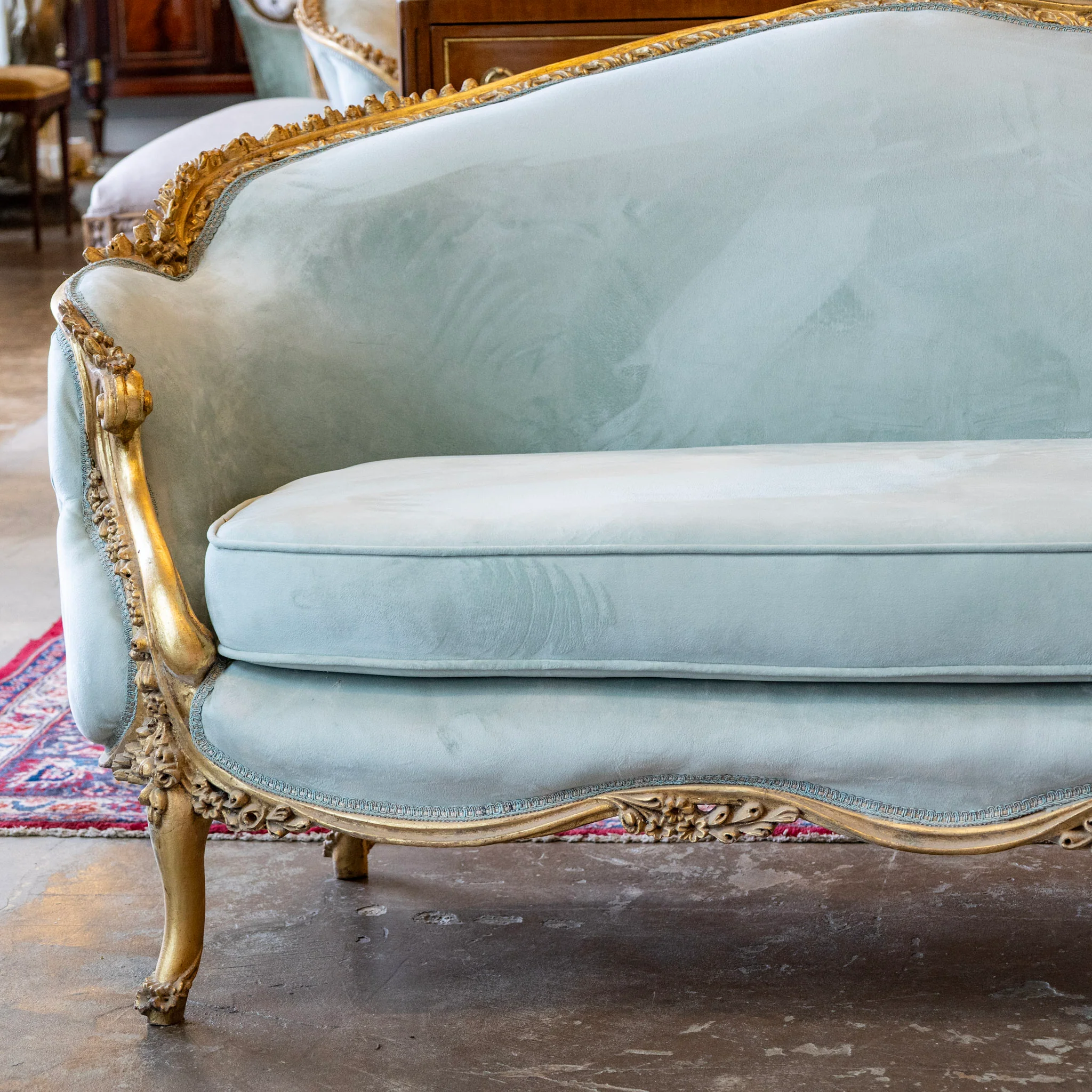 Louis XV Gilded Sofa – Carved with Tufted Pale Aqua Velvet Upholstery - Image 5