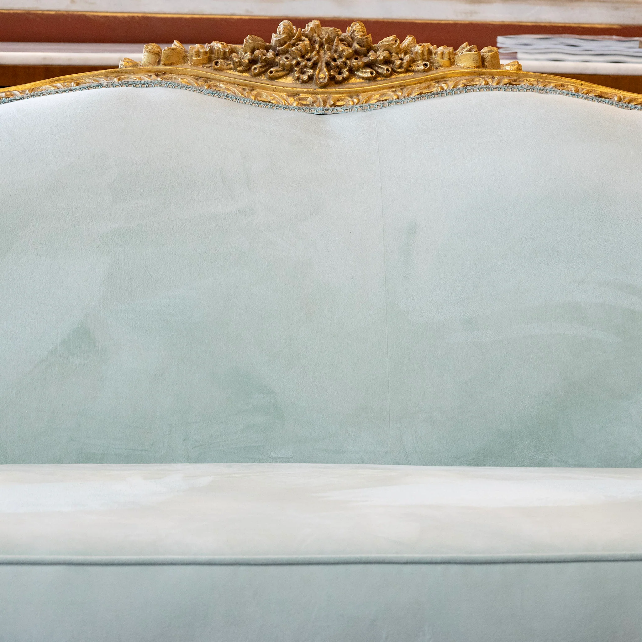 Louis XV Gilded Sofa – Carved with Tufted Pale Aqua Velvet Upholstery - Image 6