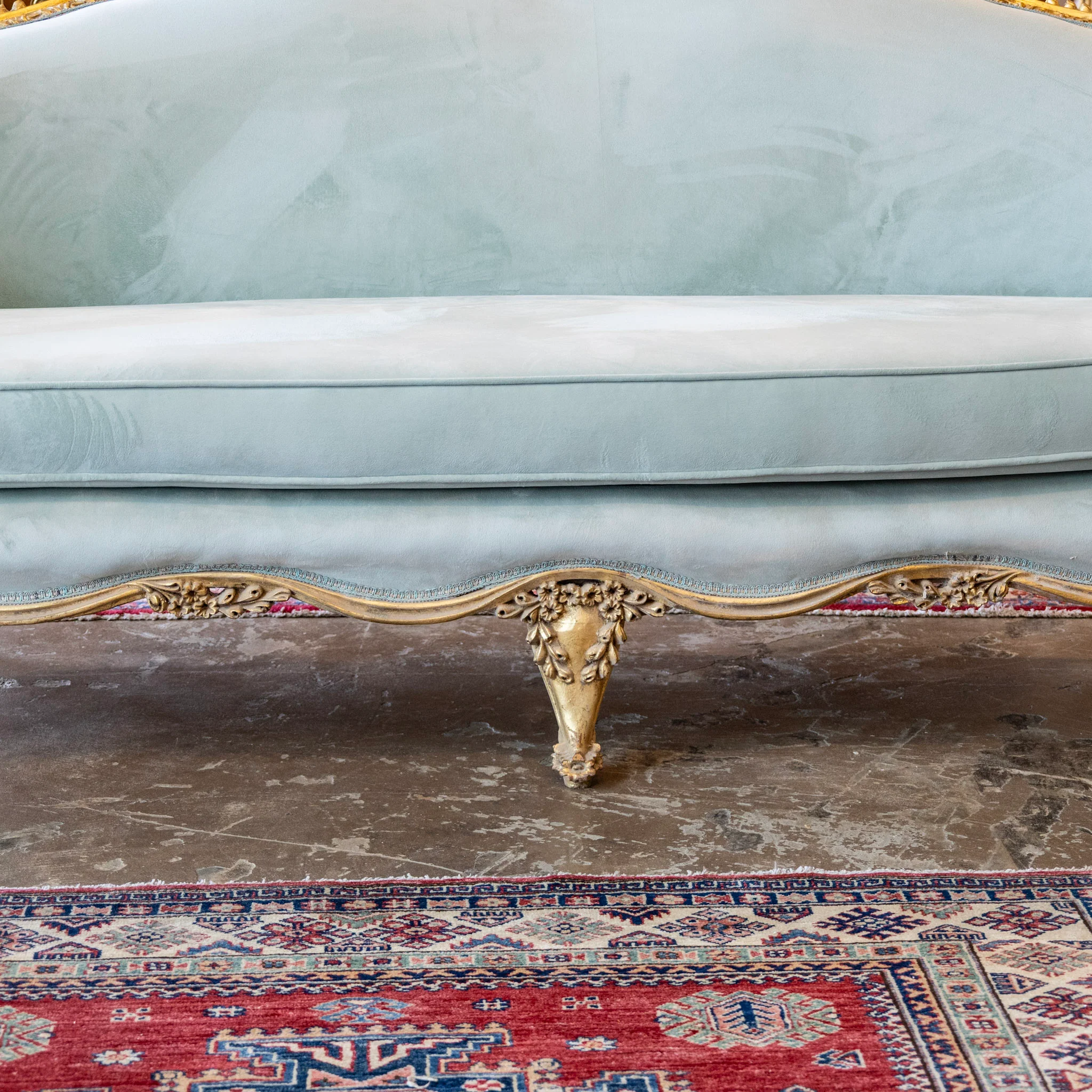 Louis XV Gilded Sofa – Carved with Tufted Pale Aqua Velvet Upholstery - Image 7
