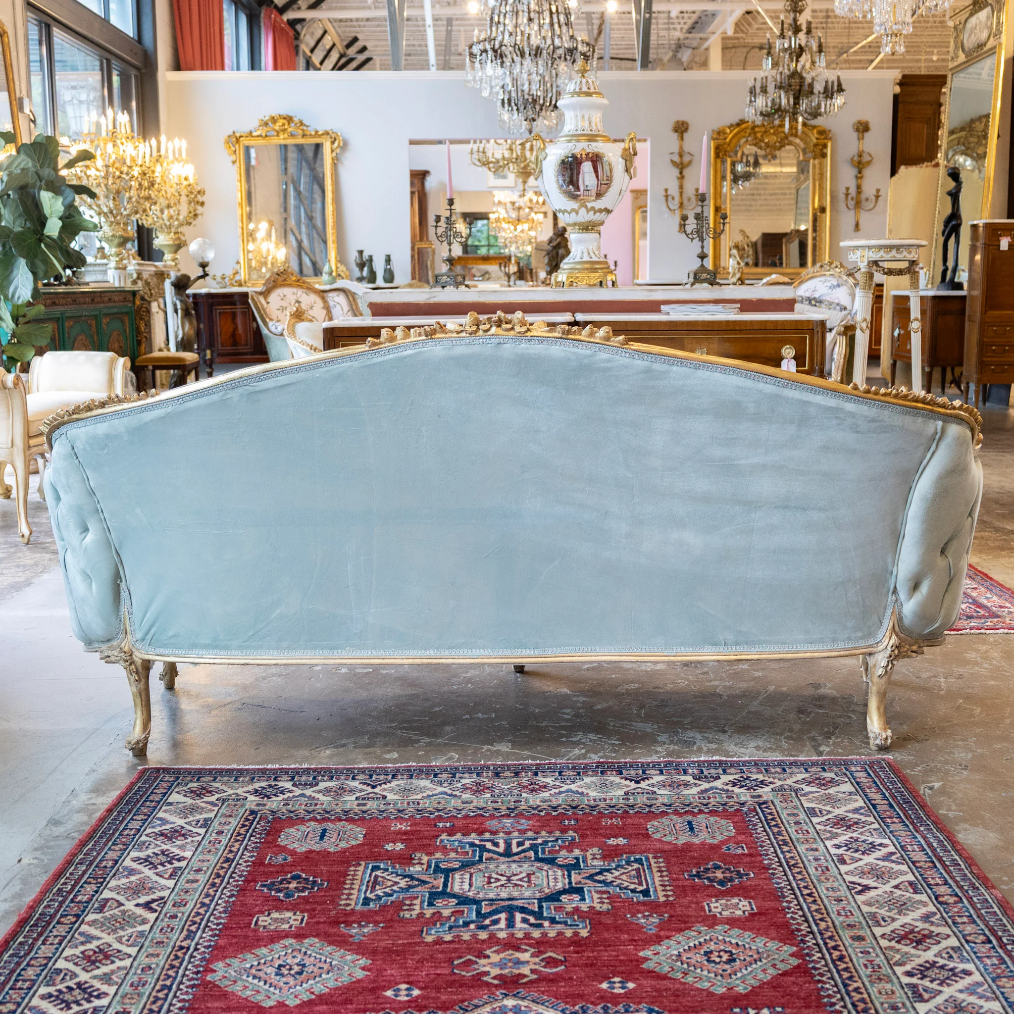 Louis XV Gilded Sofa – Carved with Tufted Pale Aqua Velvet Upholstery - Image 8