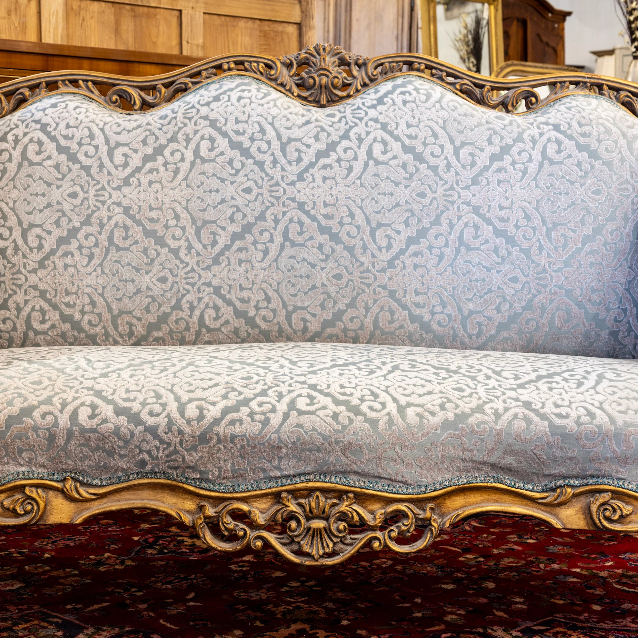 Louis XV Gilded Sofa – Detailed Carvings & Blue Damask Upholstery - Image 2