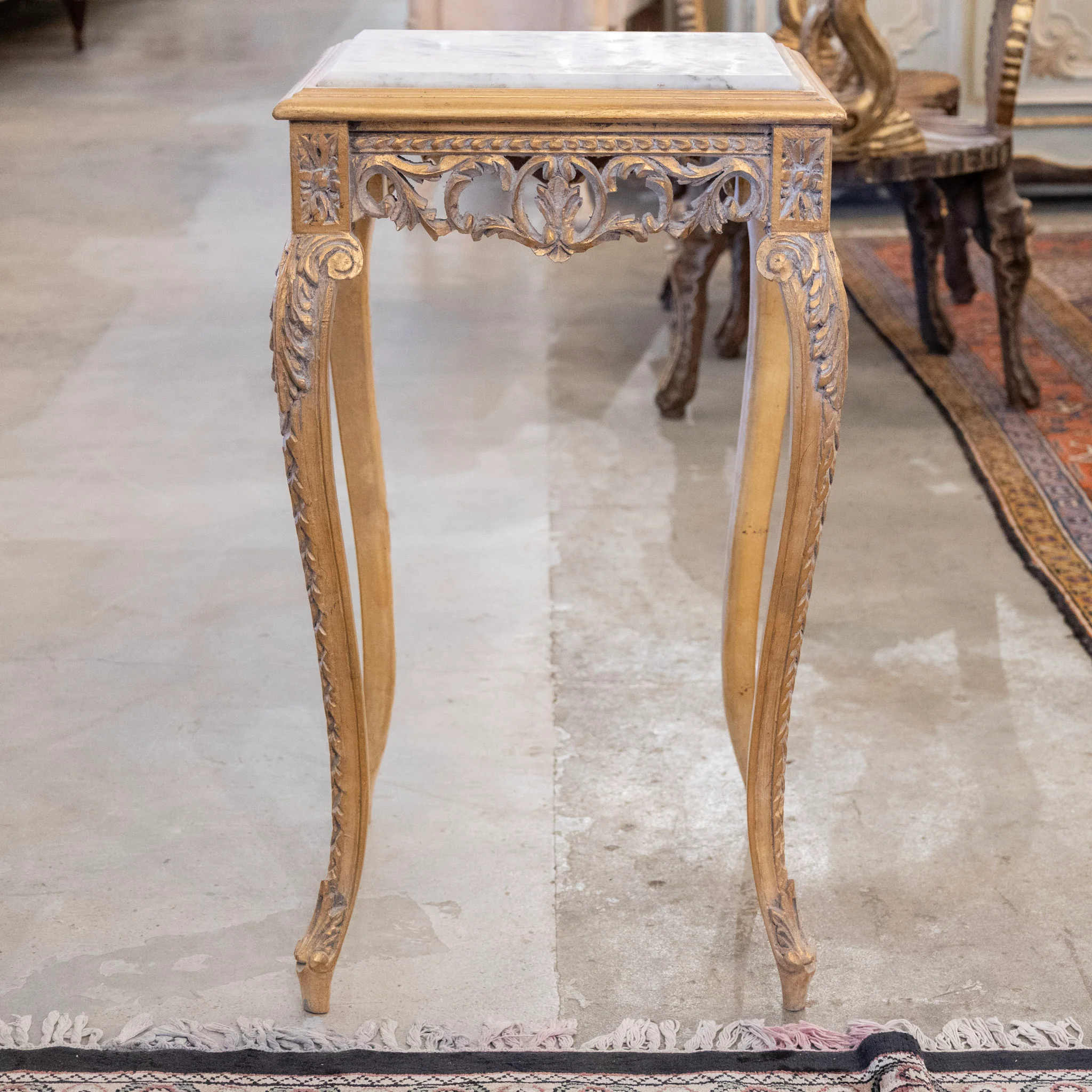 Louis XV Gilded Square Side Table – White Marble Top