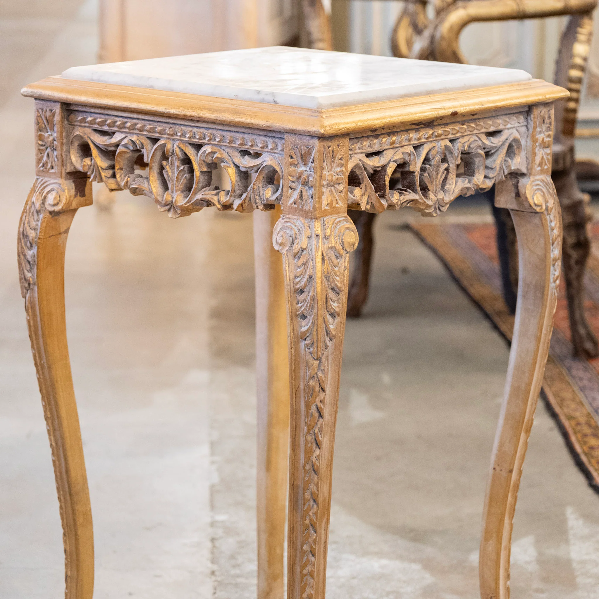 Louis XV Gilded Square Side Table – White Marble Top - Image 4