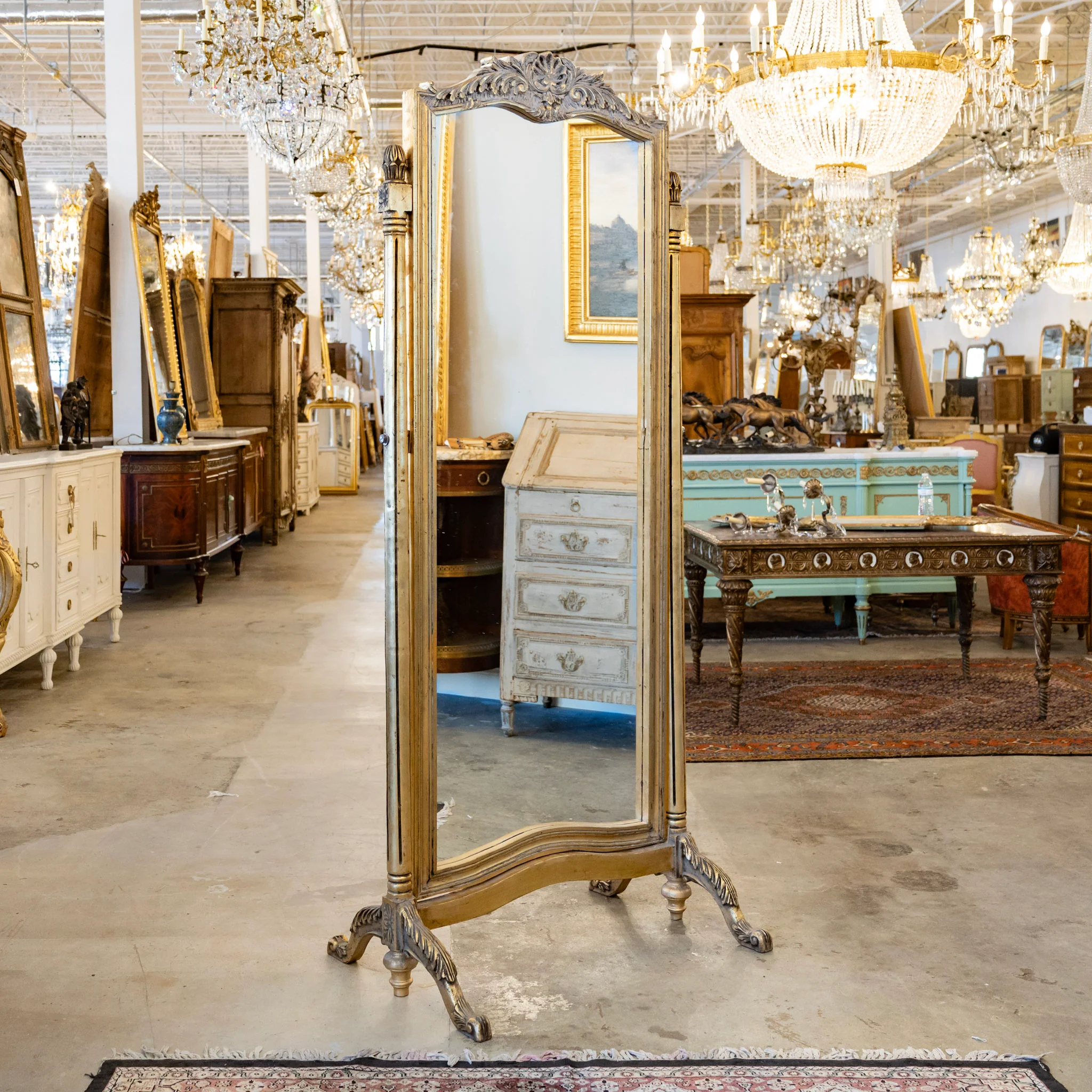 Louis XV Gilded Tall Dressing Mirror – Carved Crest & Fluted Columns