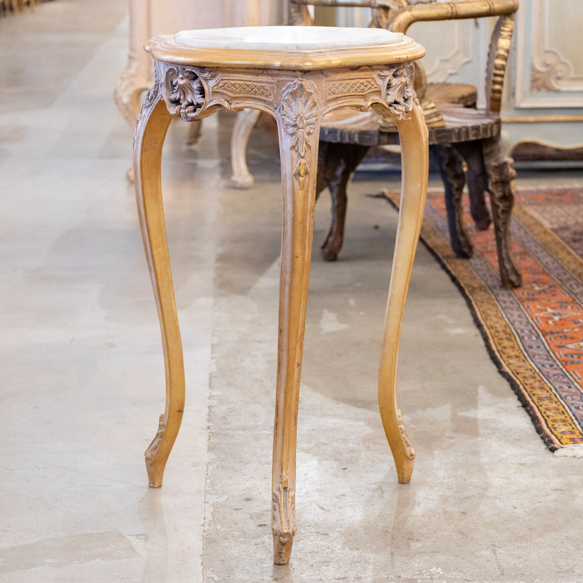 Louis XV Gilded Triangular Side Table – White Marble Top - Image 2