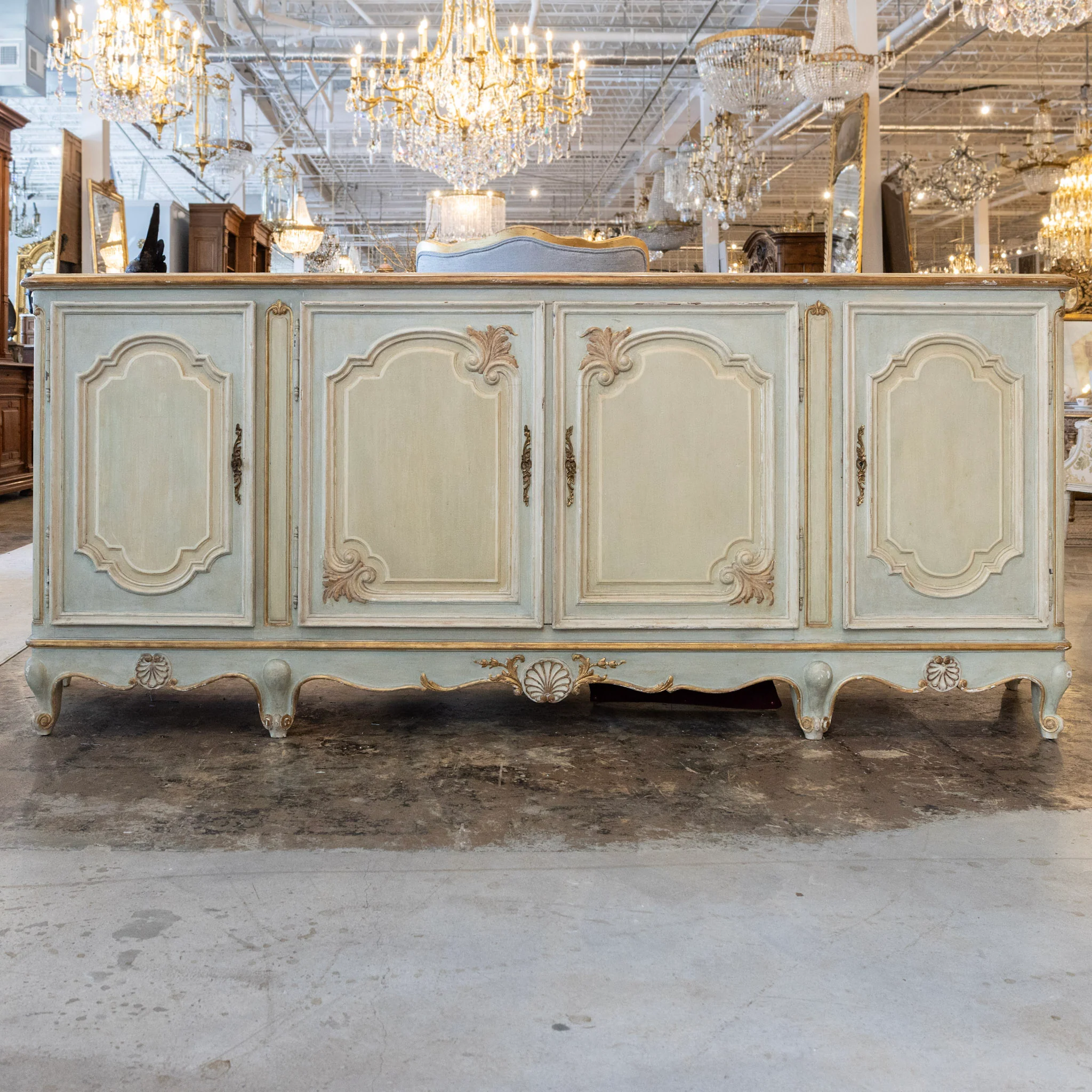 Louis XV Hand-Painted Sideboard – Distressed Finish Blue-Green & Gold Trim