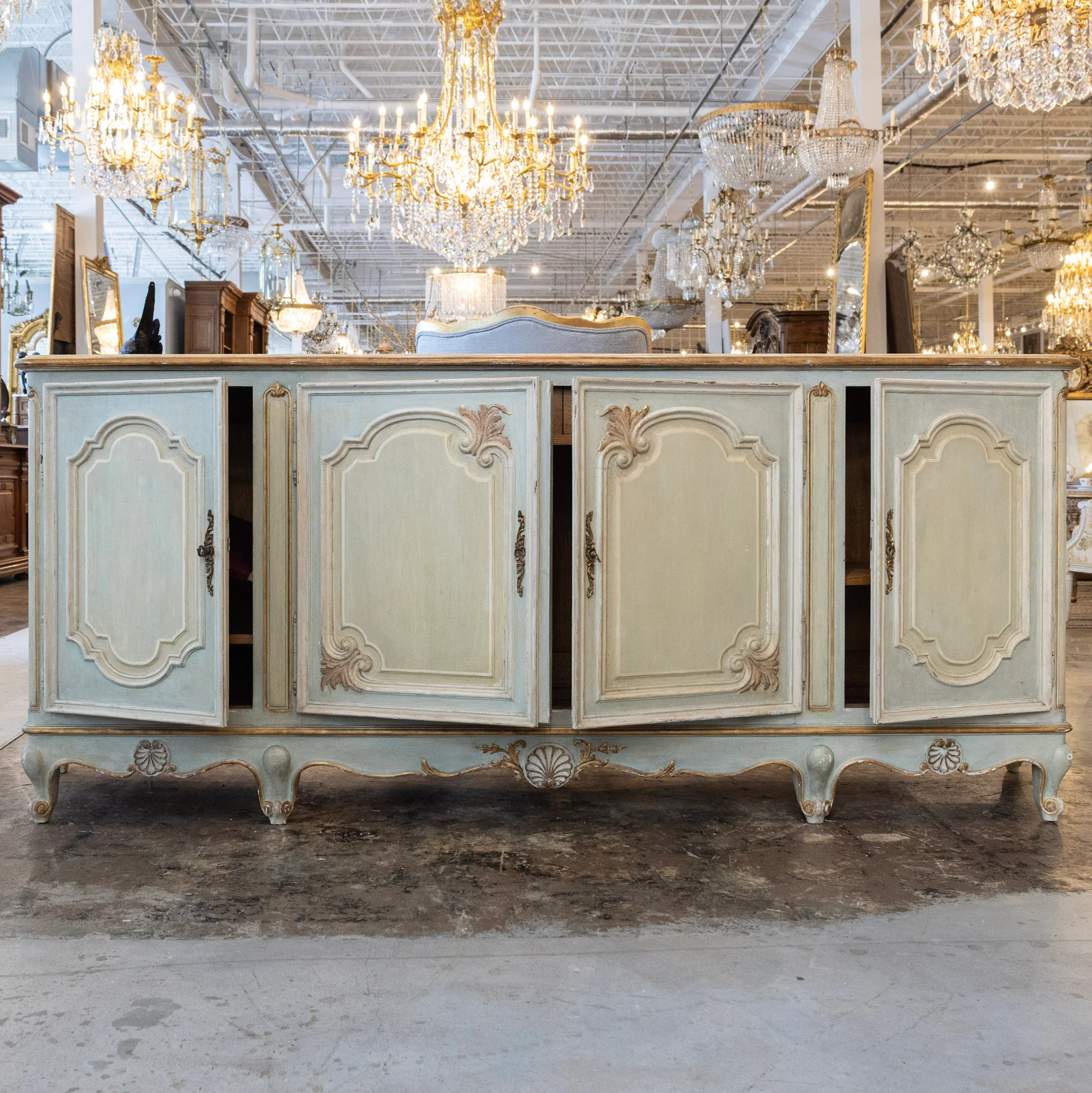 Louis XV Hand-Painted Sideboard – Distressed Finish Blue-Green & Gold Trim - Image 12