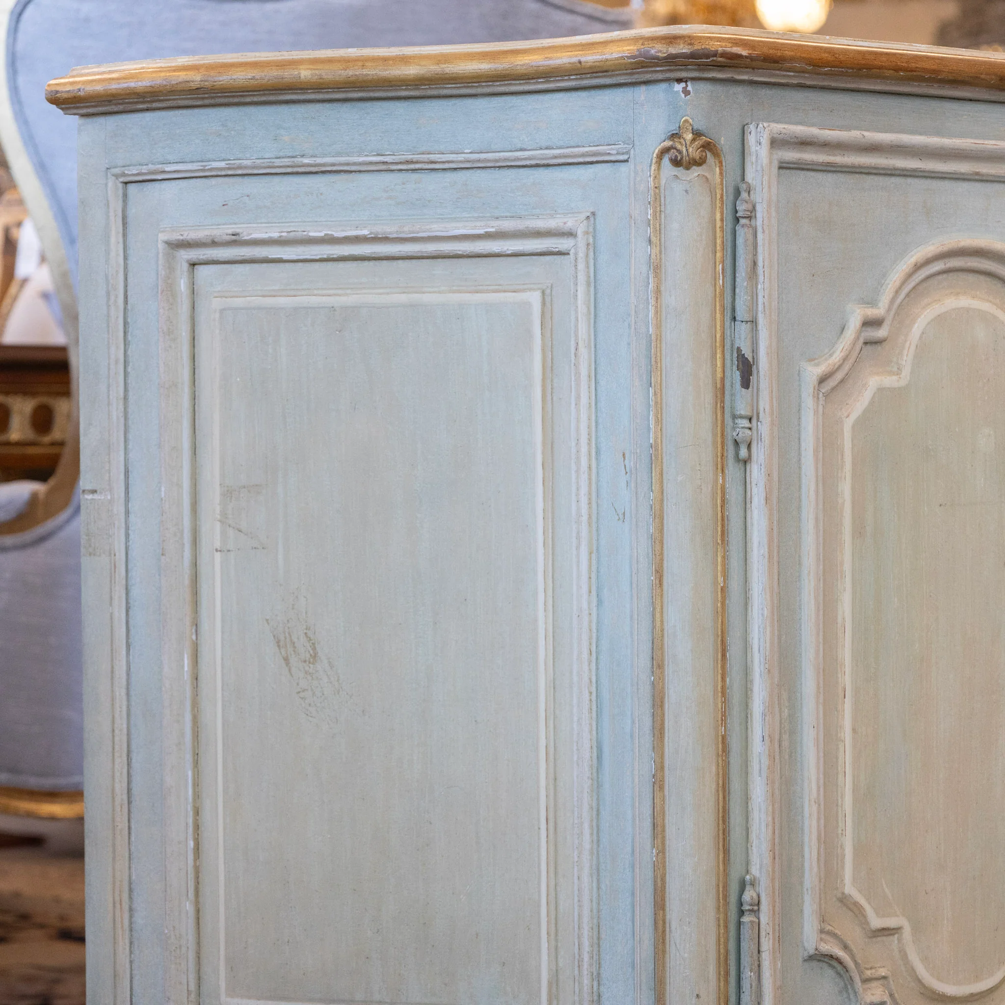 Louis XV Hand-Painted Sideboard – Distressed Finish Blue-Green & Gold Trim - Image 14