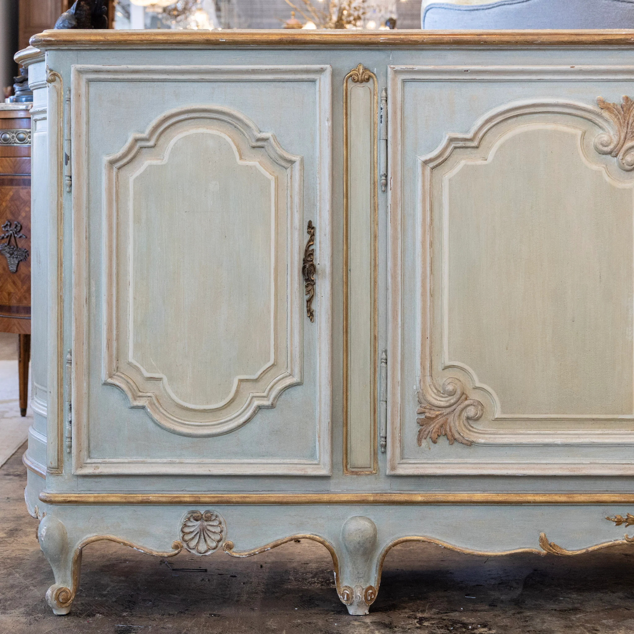 Louis XV Hand-Painted Sideboard – Distressed Finish Blue-Green & Gold Trim - Image 2