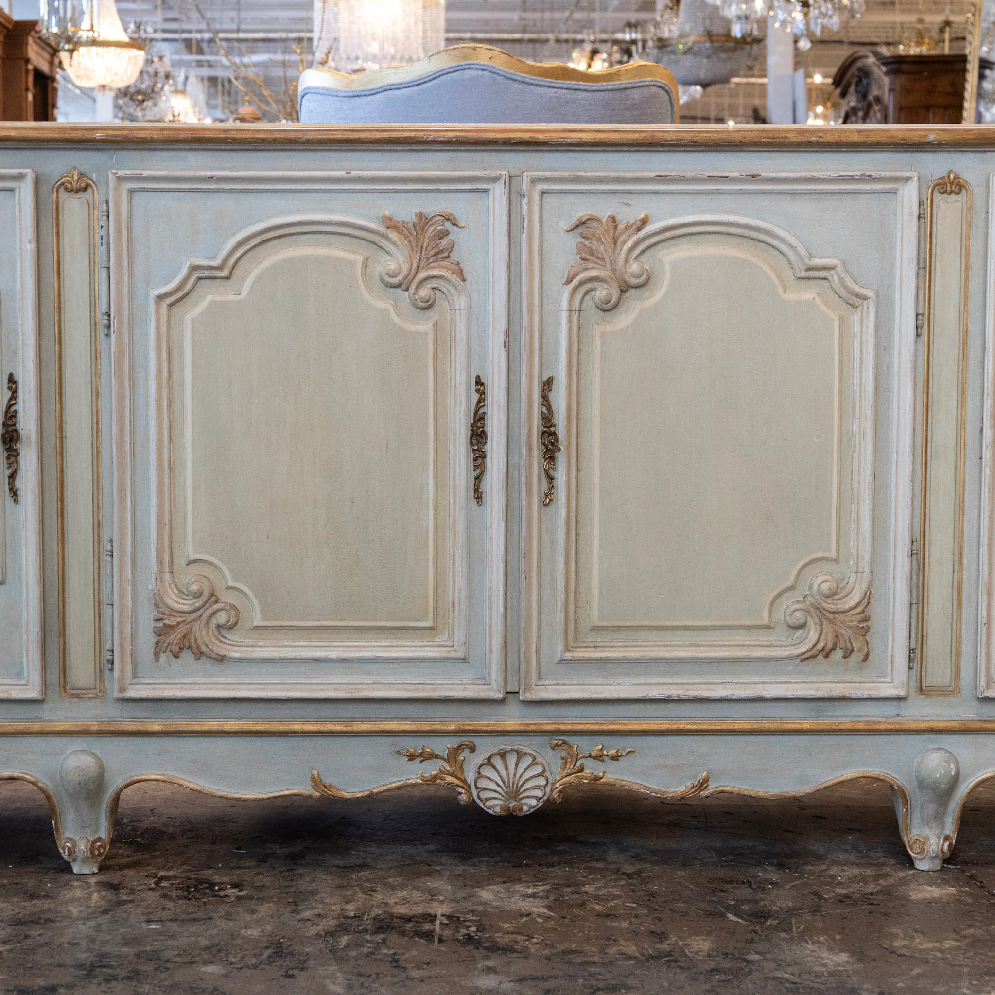 Louis XV Hand-Painted Sideboard – Distressed Finish Blue-Green & Gold Trim - Image 3