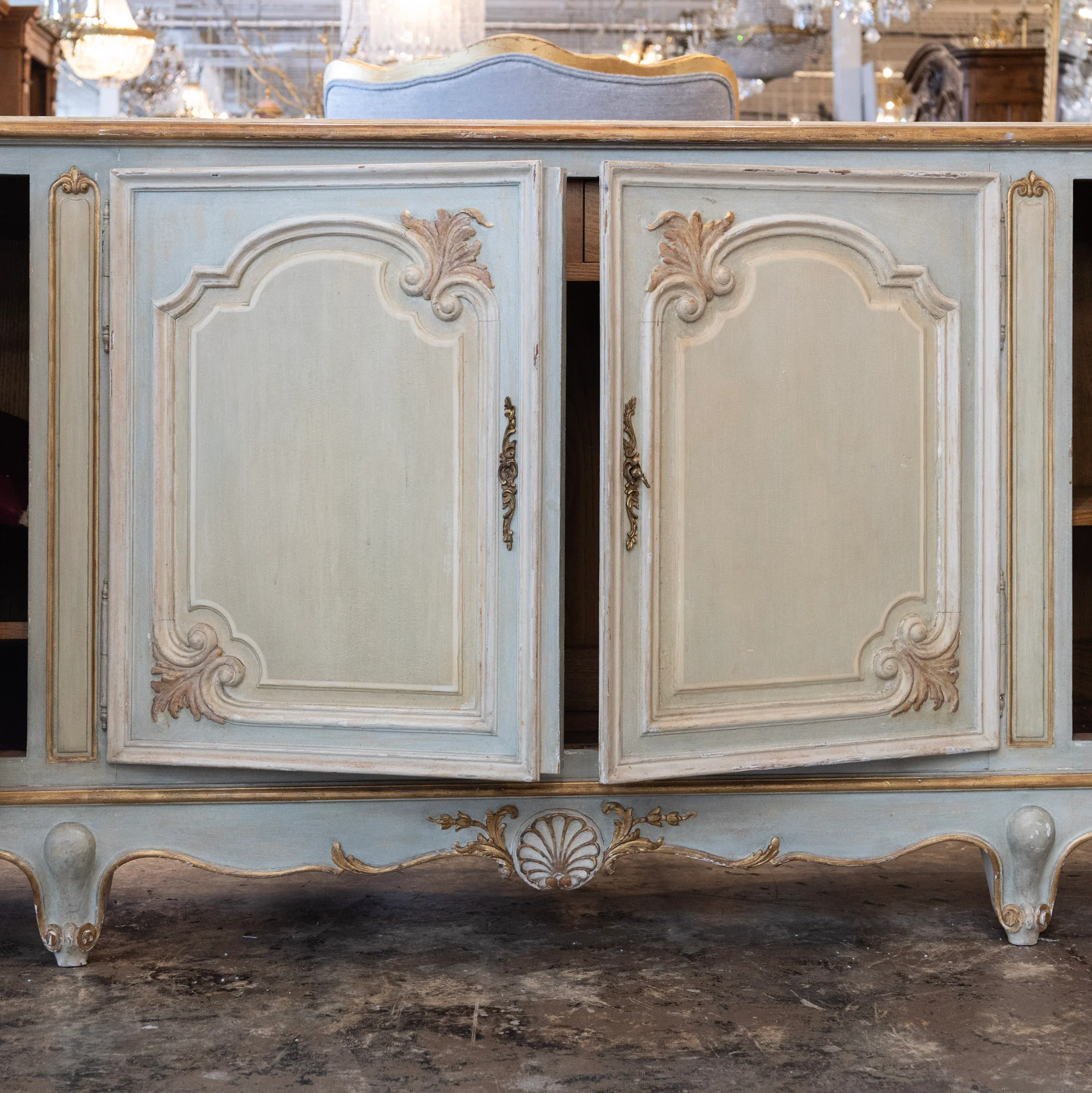 Louis XV Hand-Painted Sideboard – Distressed Finish Blue-Green & Gold Trim - Image 4