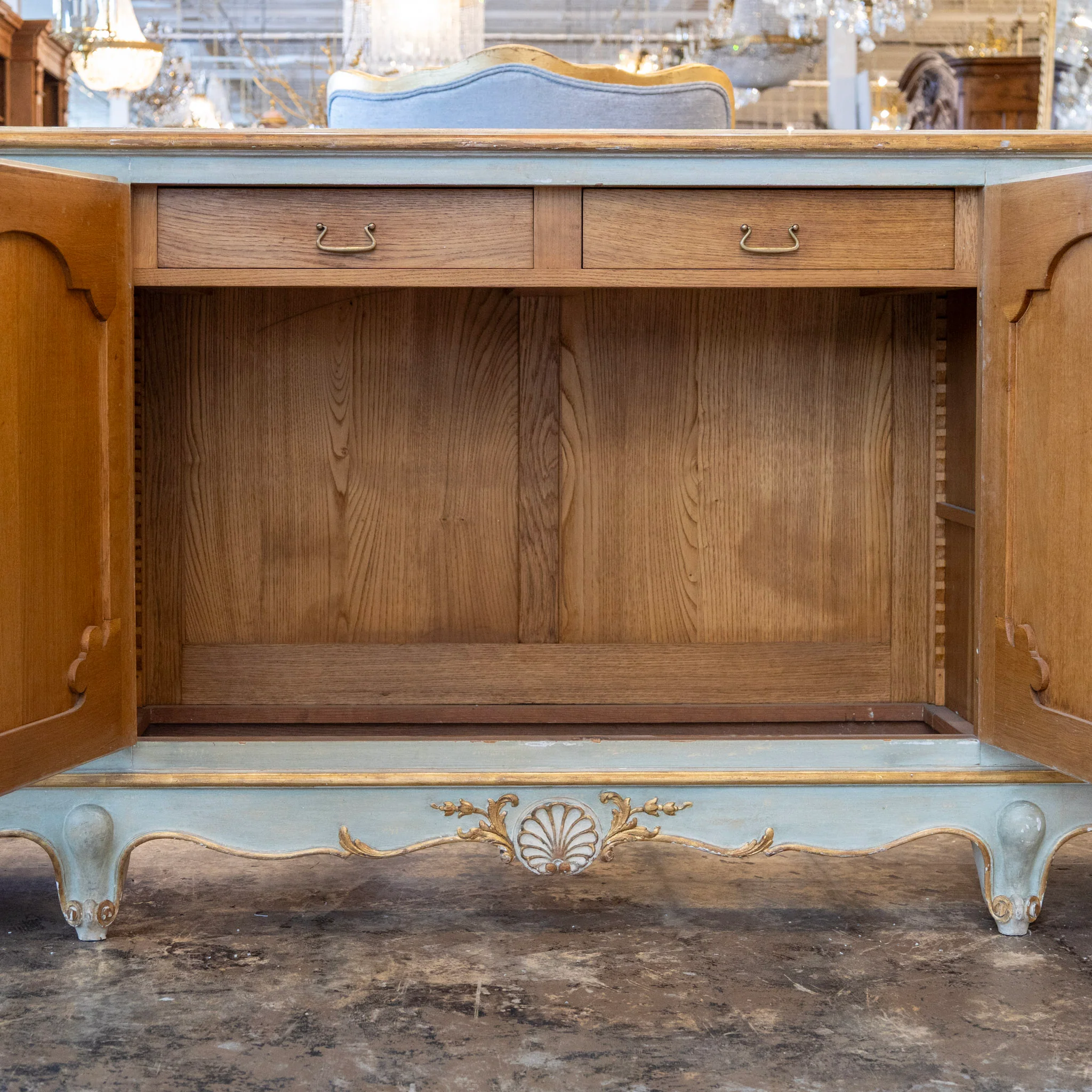 Louis XV Hand-Painted Sideboard – Distressed Finish Blue-Green & Gold Trim - Image 5