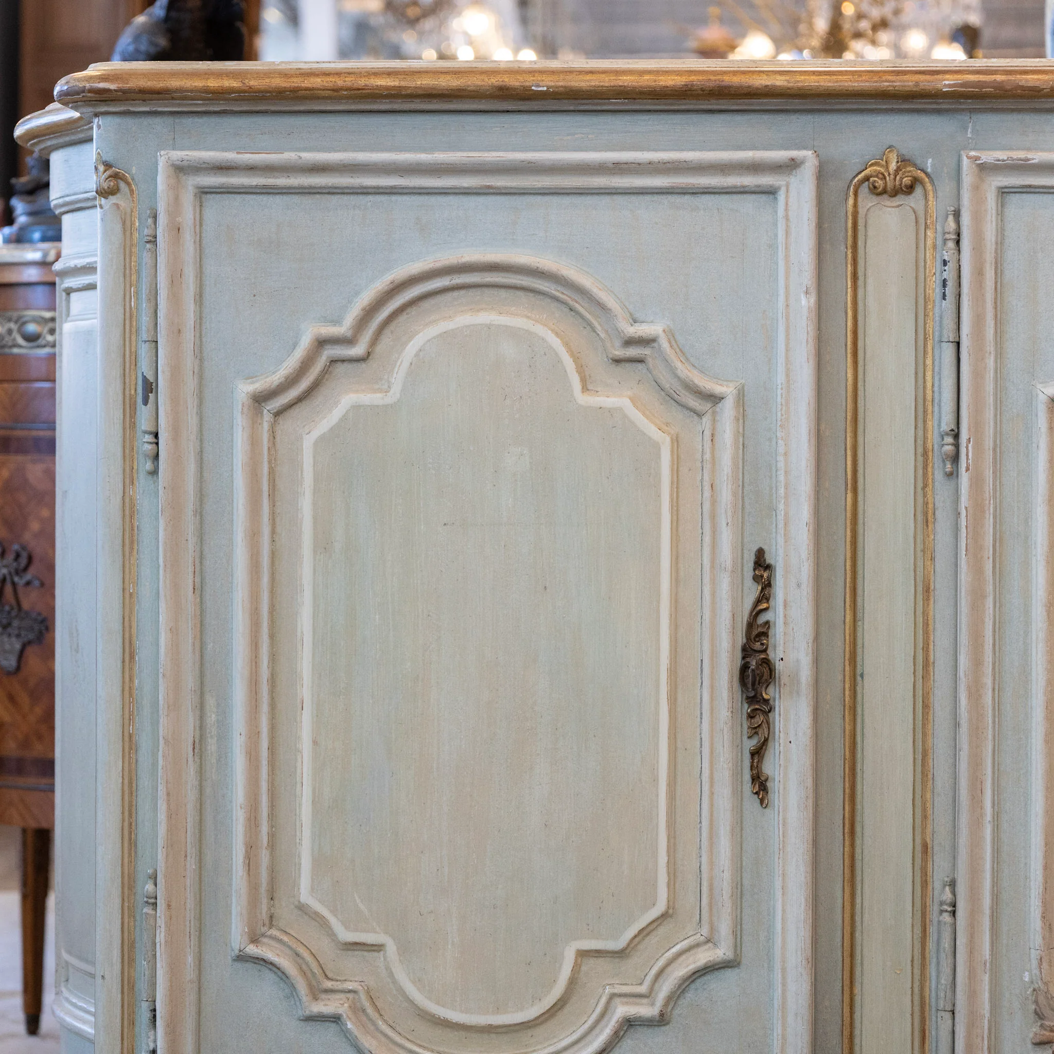 Louis XV Hand-Painted Sideboard – Distressed Finish Blue-Green & Gold Trim - Image 7