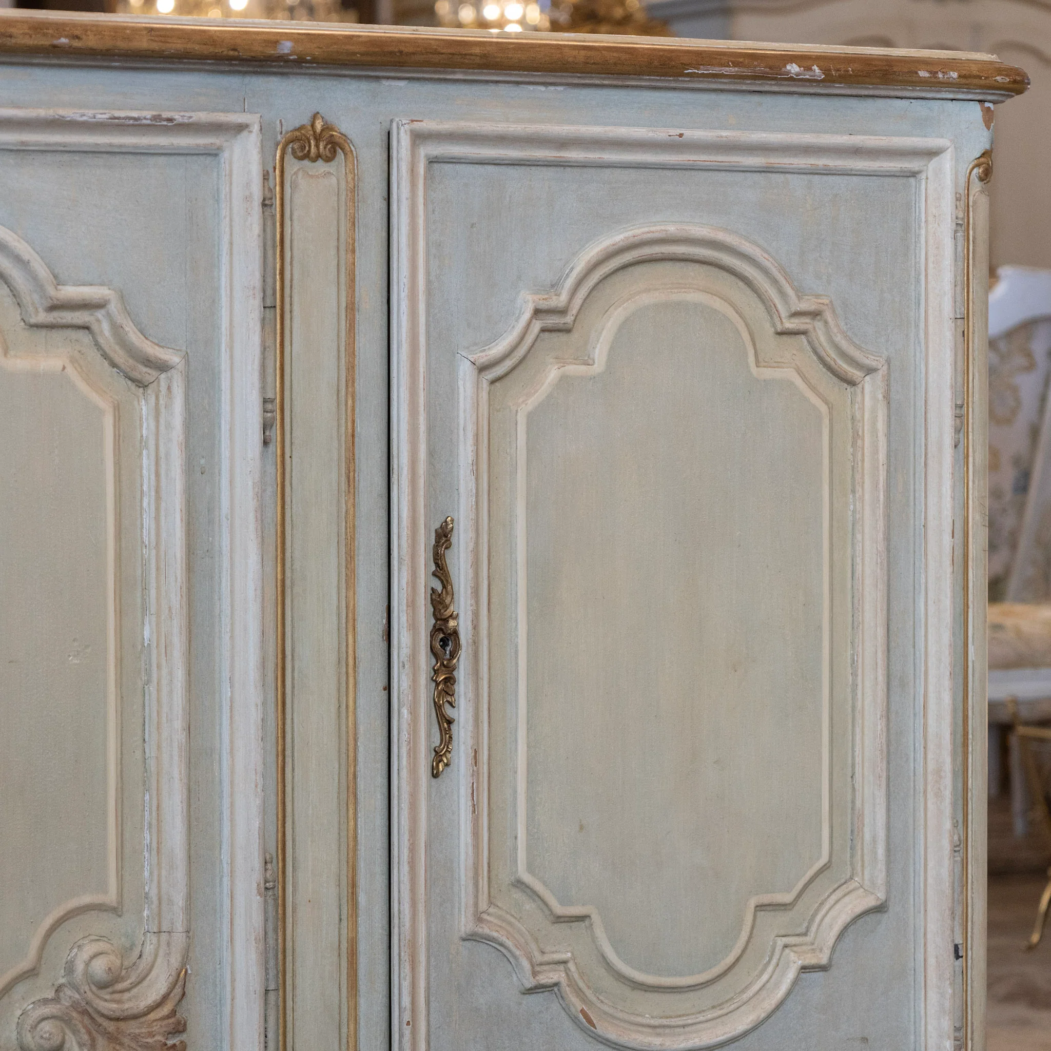 Louis XV Hand-Painted Sideboard – Distressed Finish Blue-Green & Gold Trim - Image 8