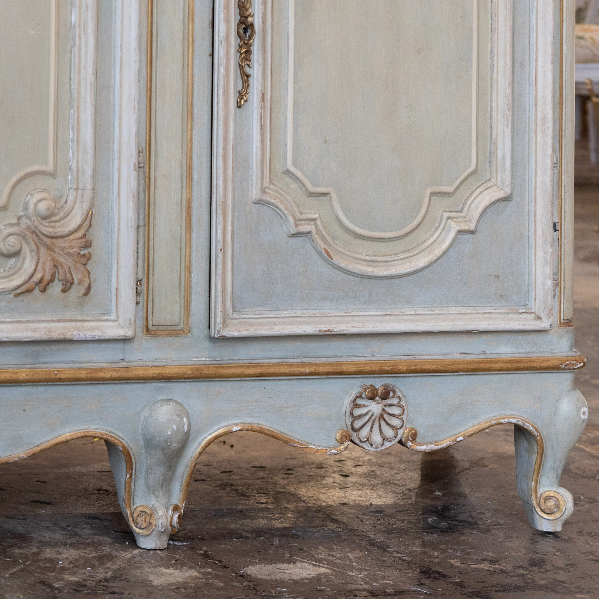 Louis XV Hand-Painted Sideboard – Distressed Finish Blue-Green & Gold Trim - Image 9