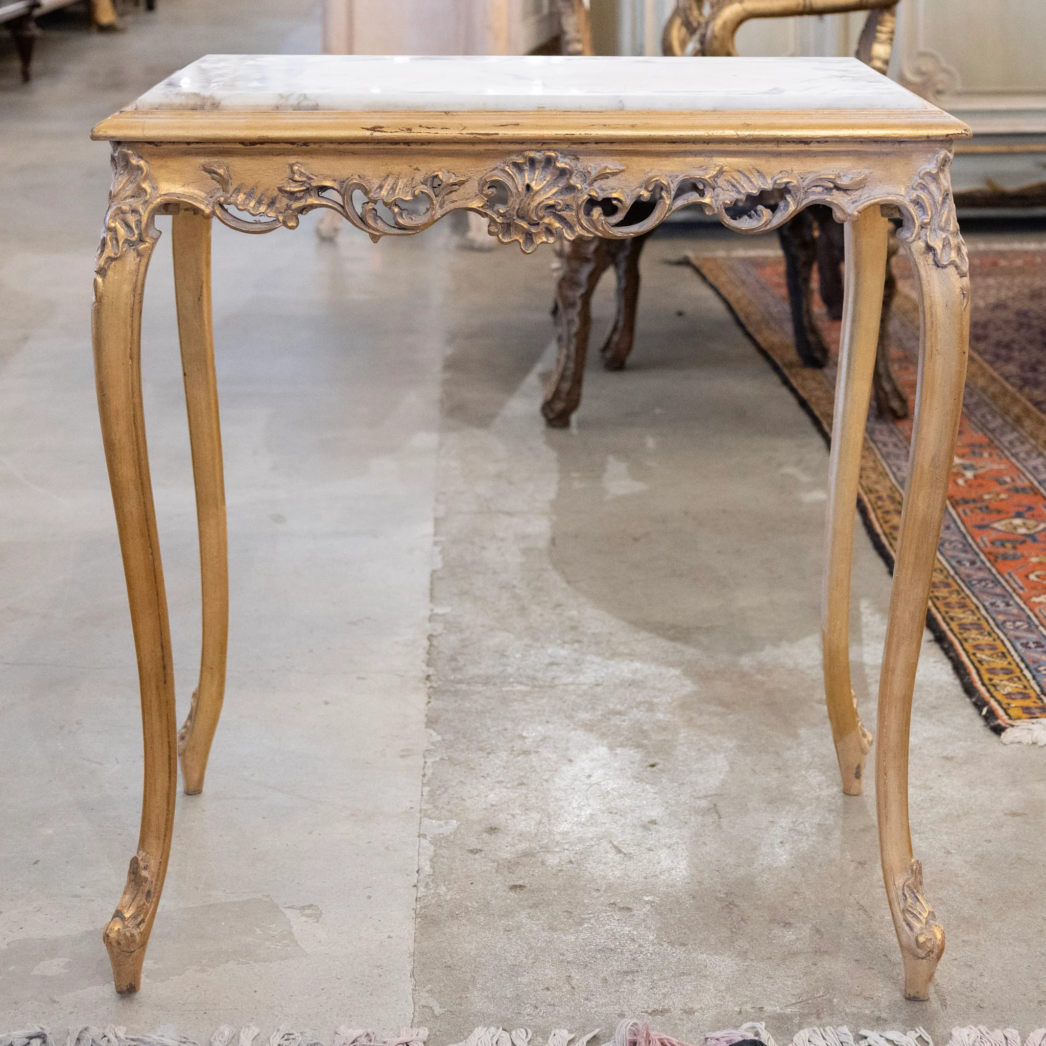 Louis XV Long Gilded Side Table – White Marble Top