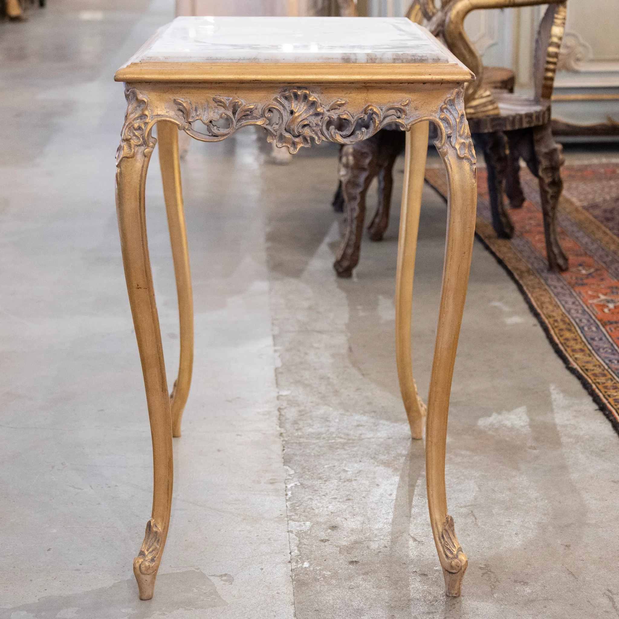 Louis XV Long Gilded Side Table – White Marble Top - Image 3