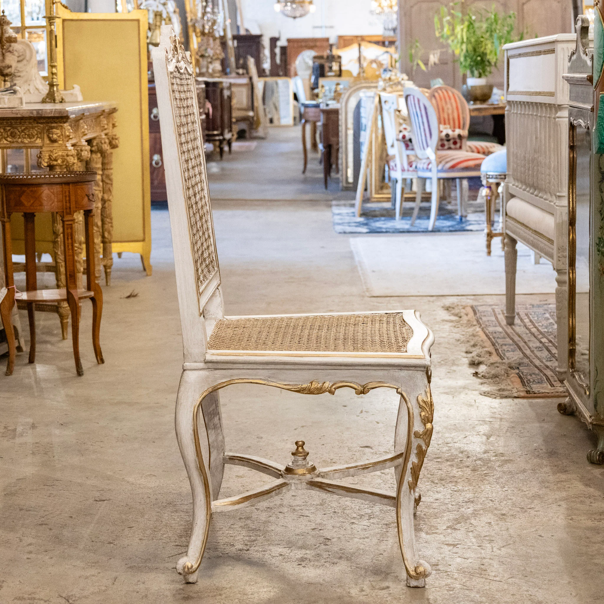 Louis XV Open Back Square Cane Dining Chair in White & Gold - Image 10