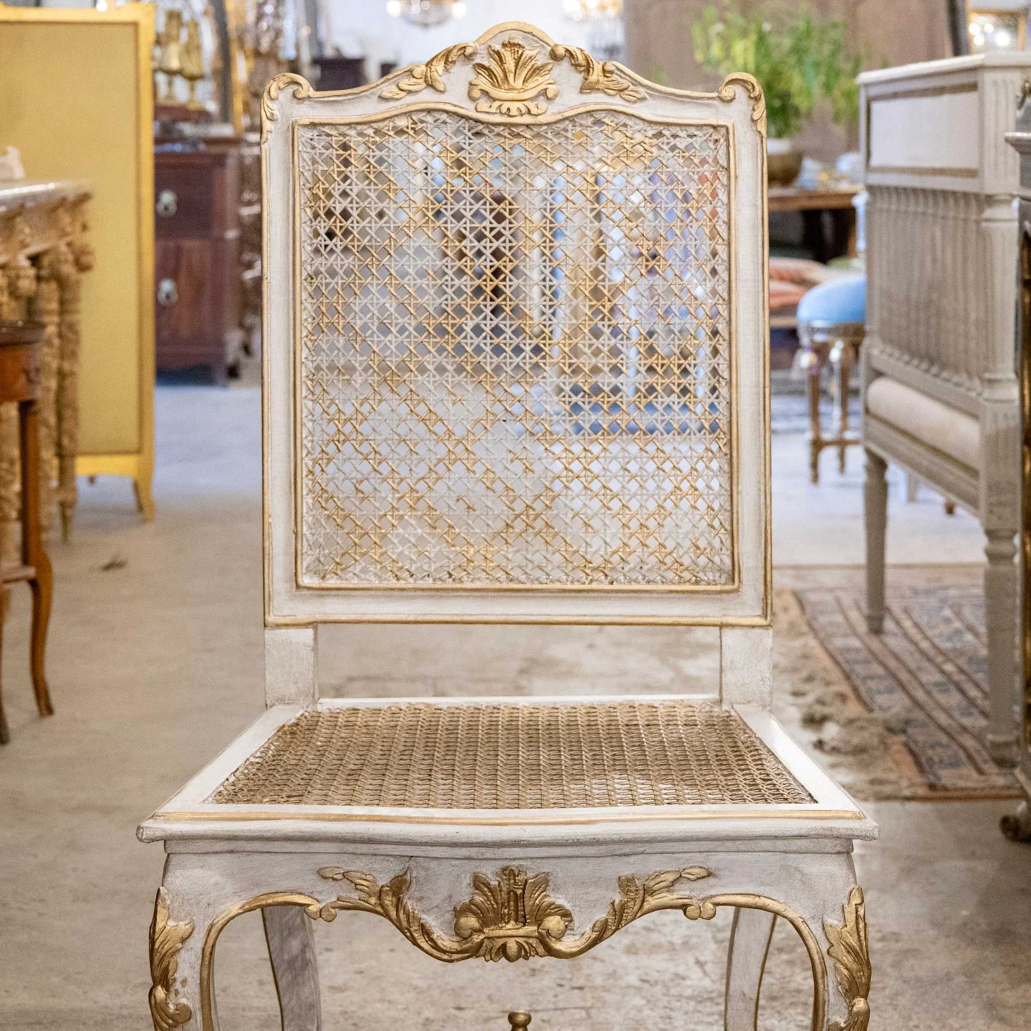 Louis XV Open Back Square Cane Dining Chair in White & Gold - Image 3
