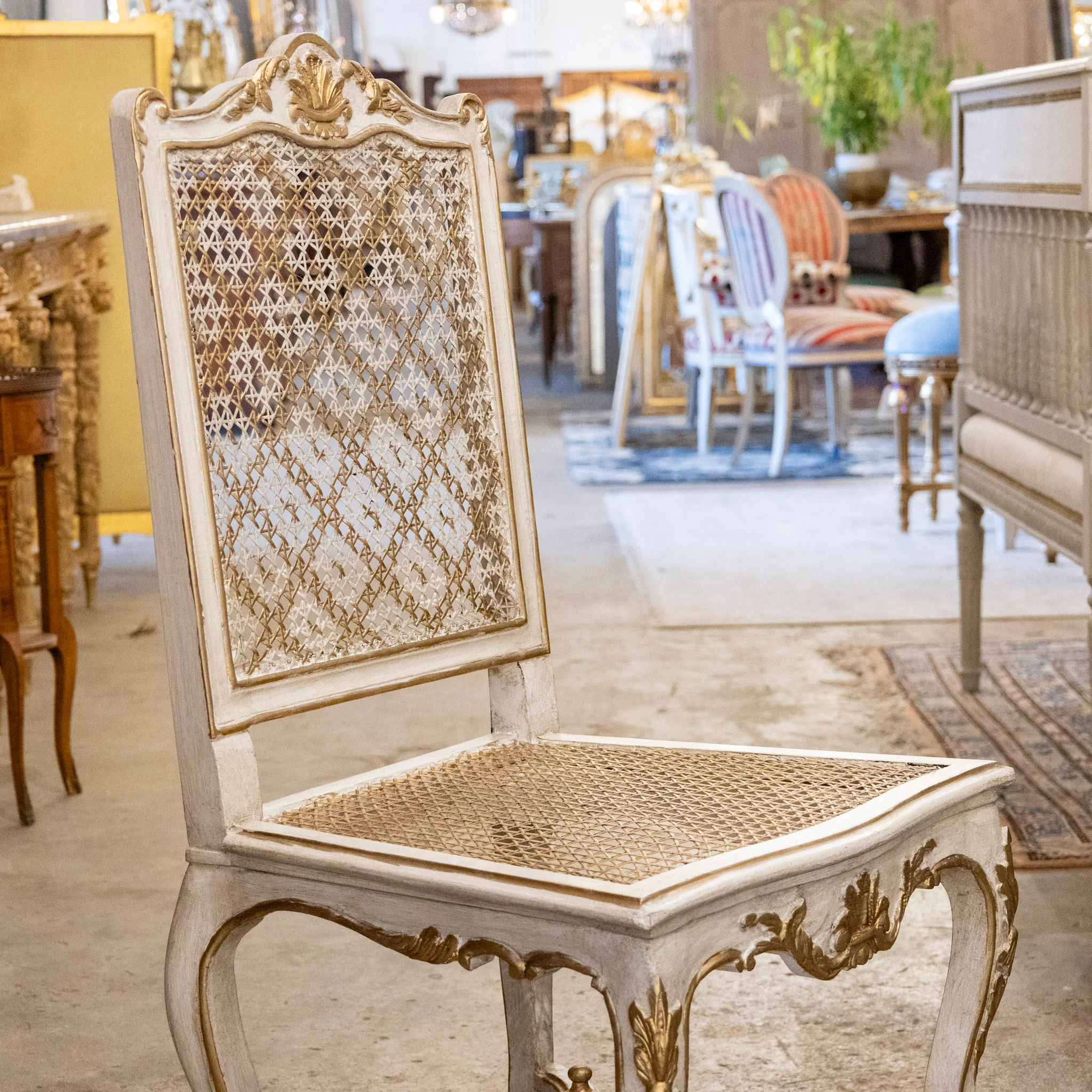Louis XV Open Back Square Cane Dining Chair in White & Gold - Image 6