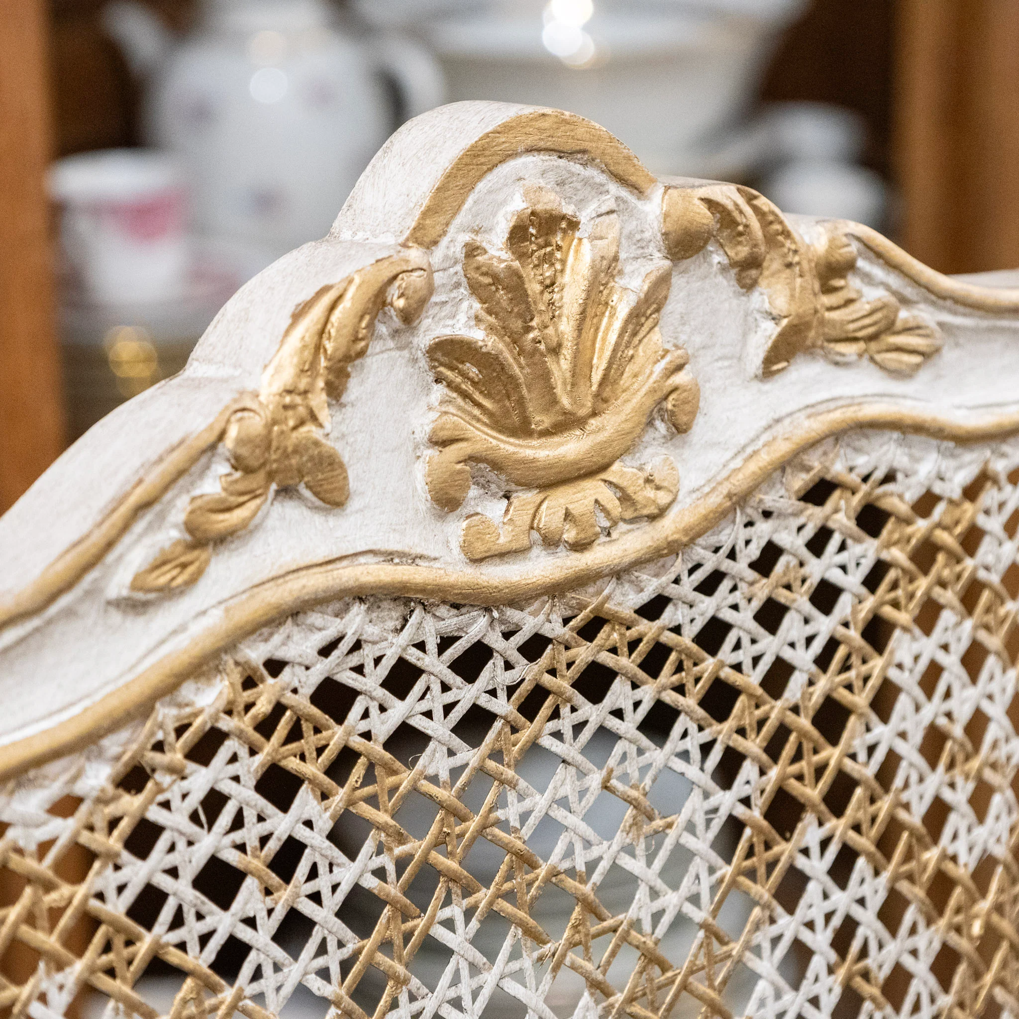 Louis XV Open Back Square Cane Dining Chair in White & Gold - Image 9
