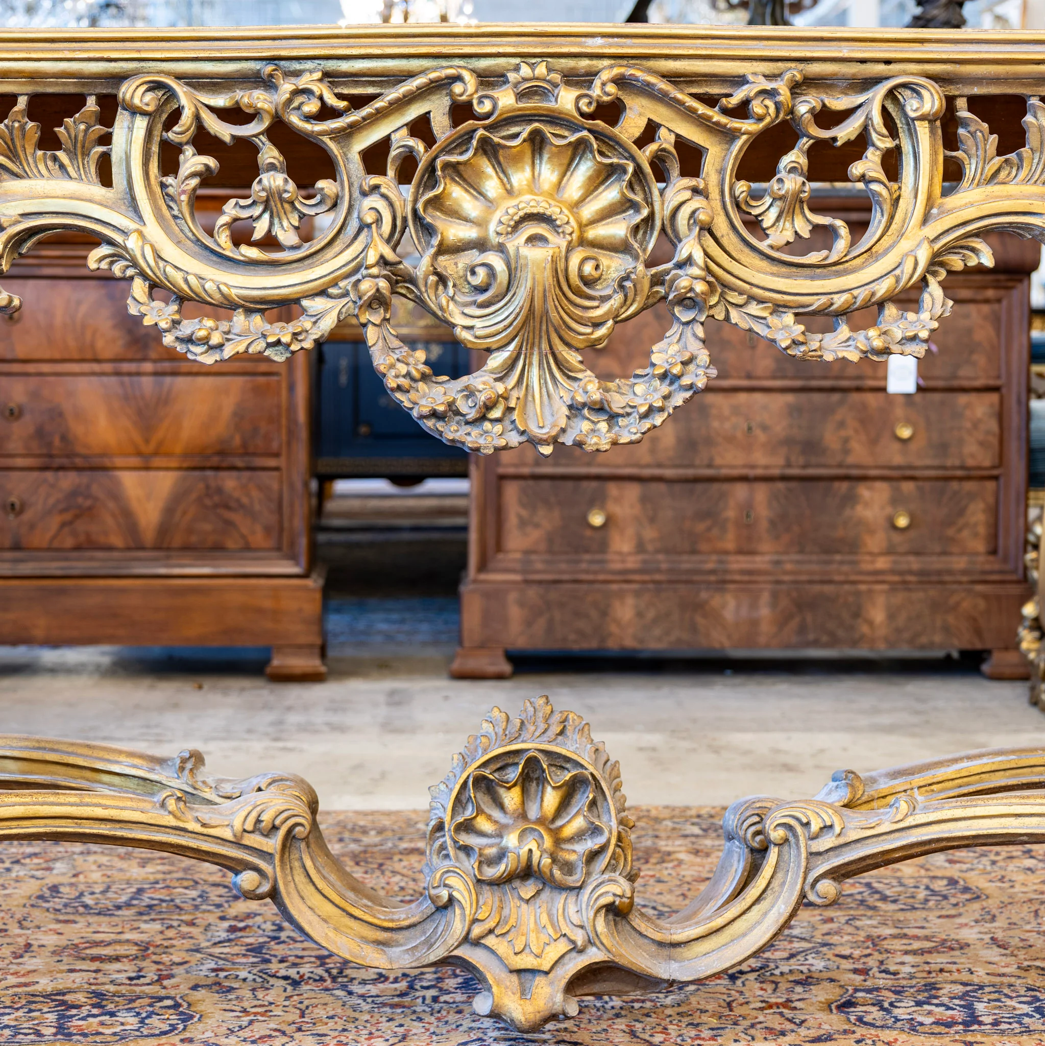 Louis XV Ornate Console Table – Detailed Gold Carvings & White Marble Top - Image 3