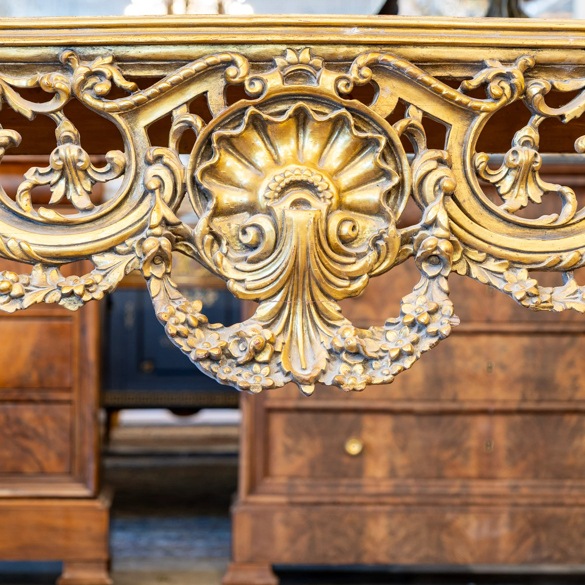 Louis XV Ornate Console Table – Detailed Gold Carvings & White Marble Top - Image 4