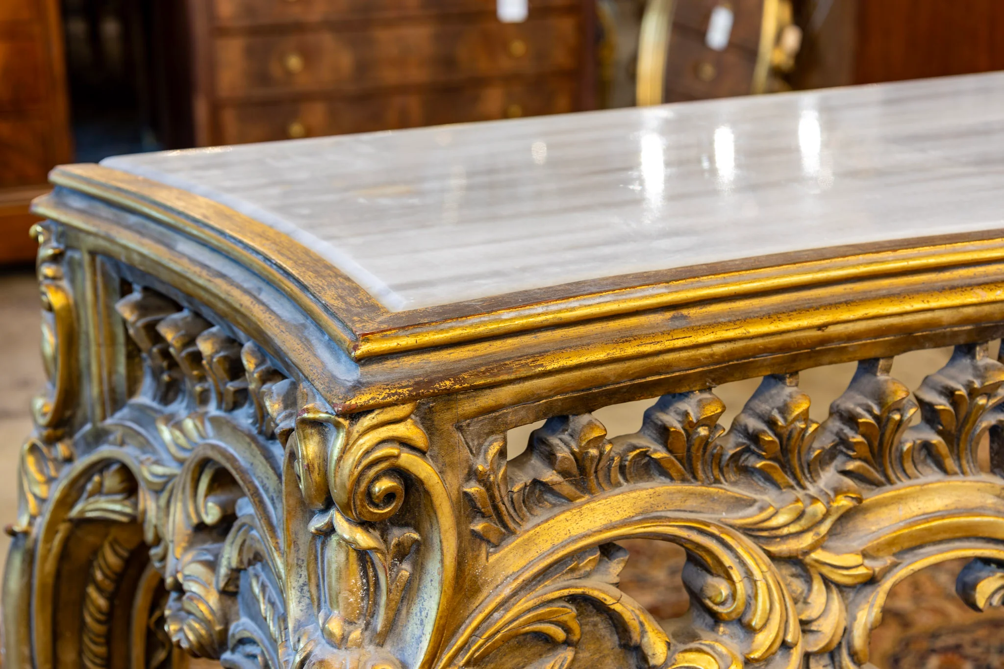 Louis XV Ornate Console Table – Detailed Gold Carvings & White Marble Top - Image 8