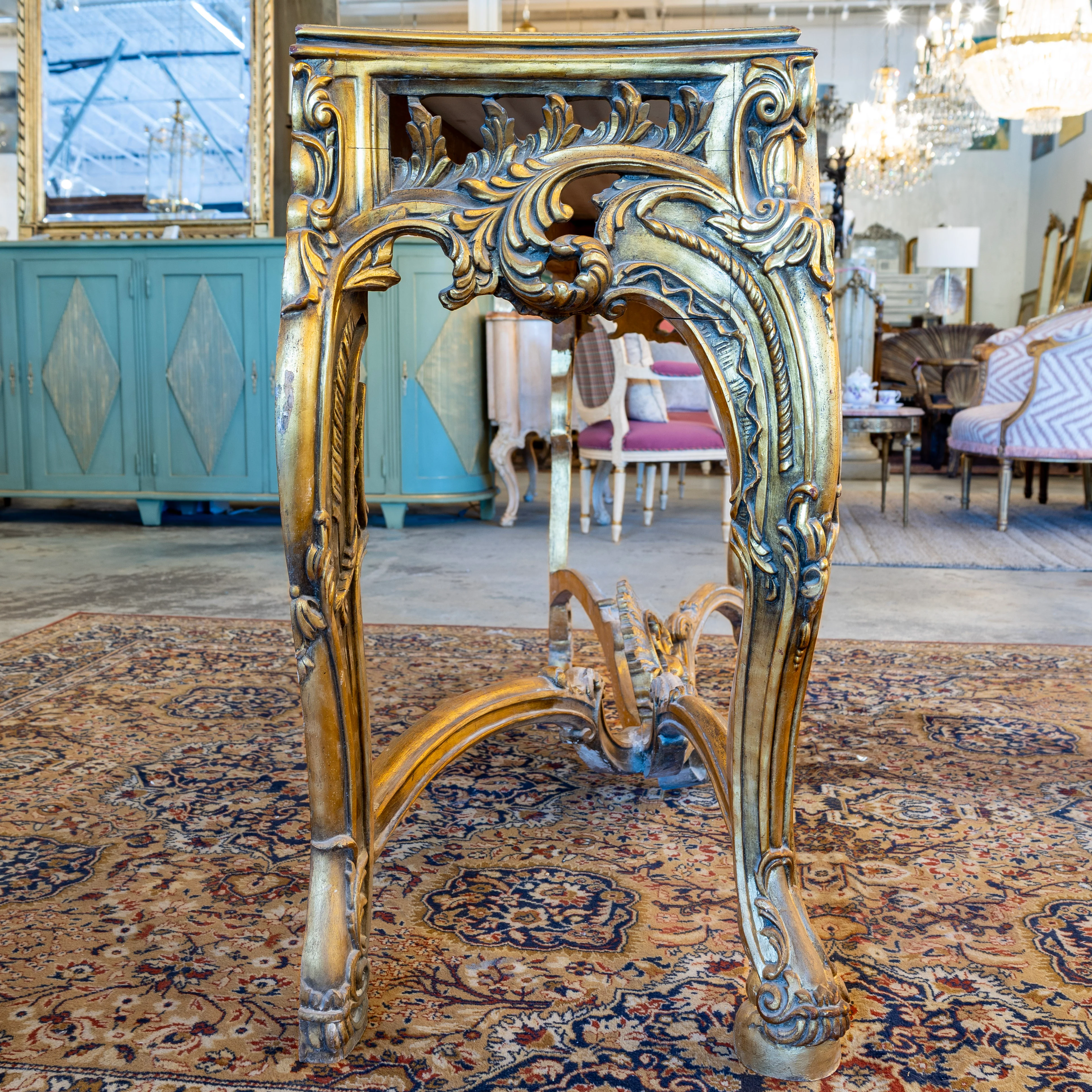 Louis XV Ornate Console Table – Detailed Gold Carvings & White Marble Top - Image 9