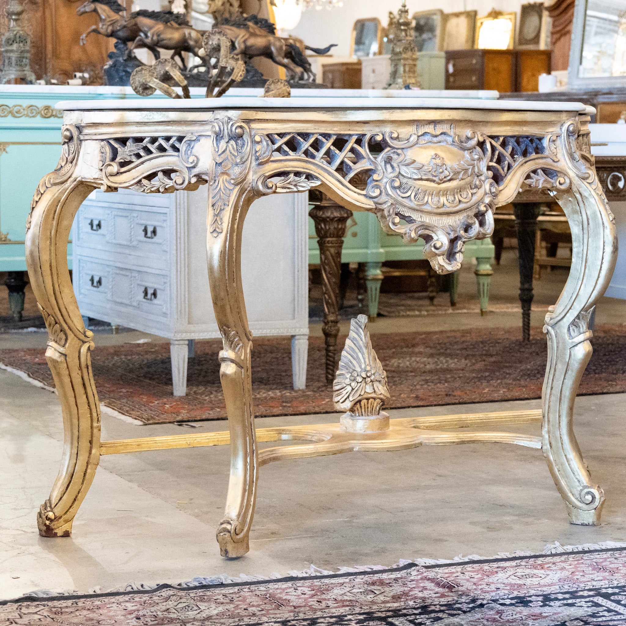 Louis XV Ornate Console Table – Gilded Carved Apron & White Marble Top