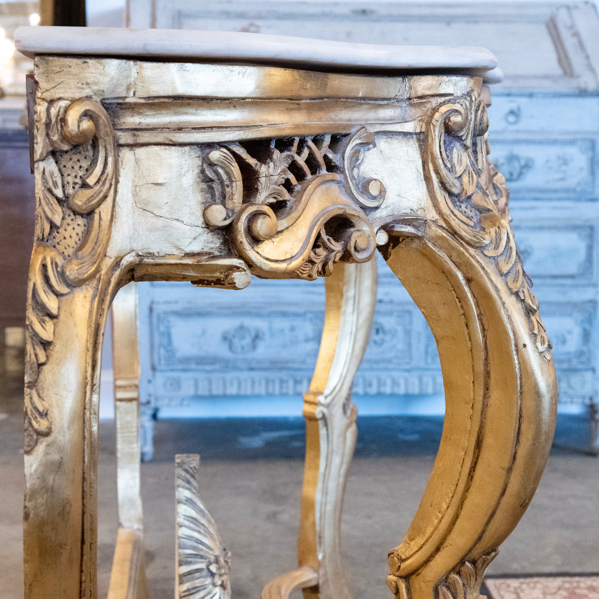 Louis XV Ornate Console Table – Gilded Carved Apron & White Marble Top - Image 12