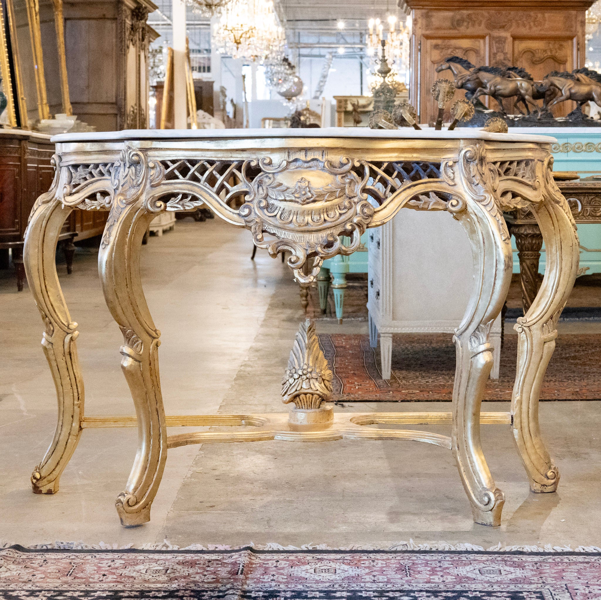 Louis XV Ornate Console Table – Gilded Carved Apron & White Marble Top - Image 2
