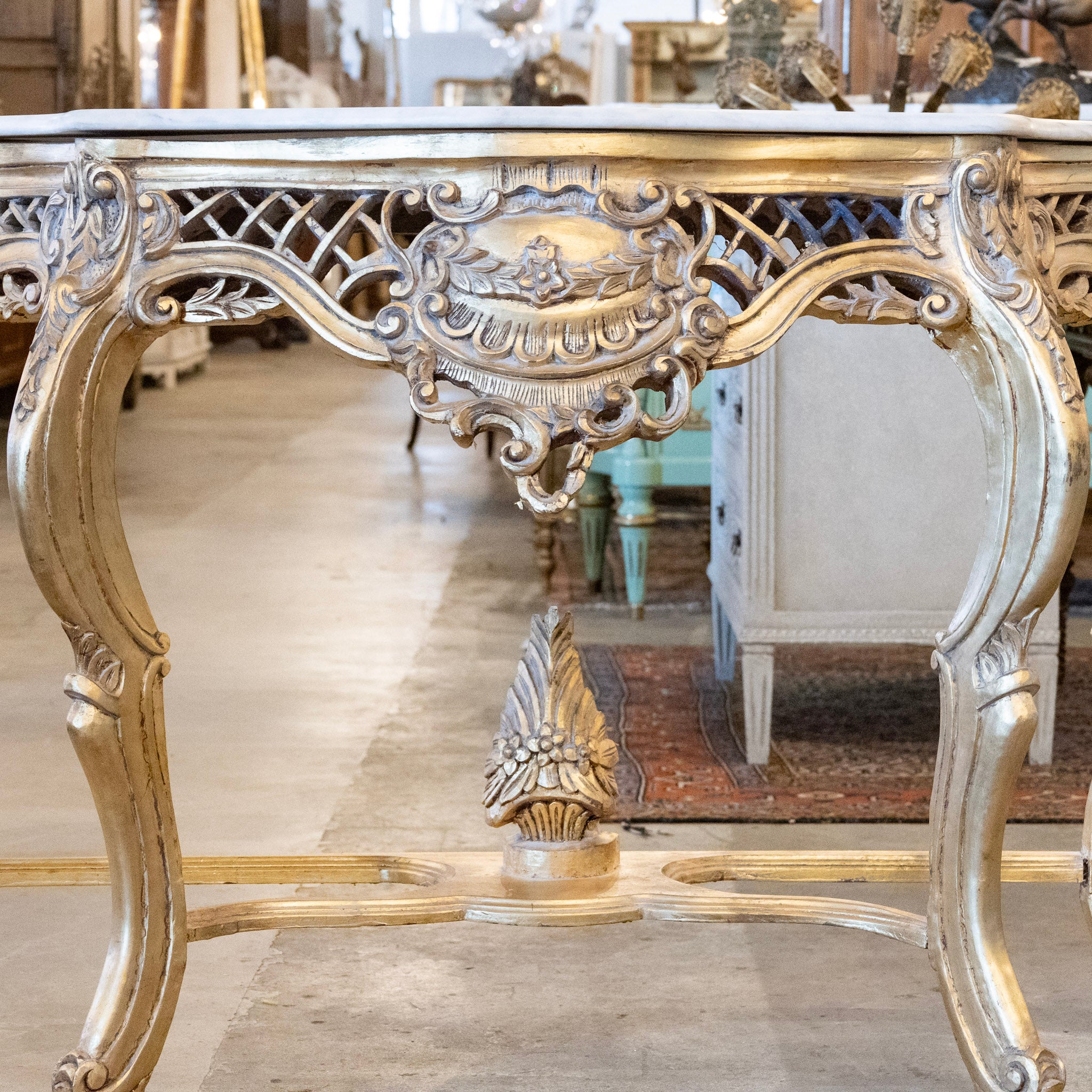 Louis XV Ornate Console Table – Gilded Carved Apron & White Marble Top - Image 3