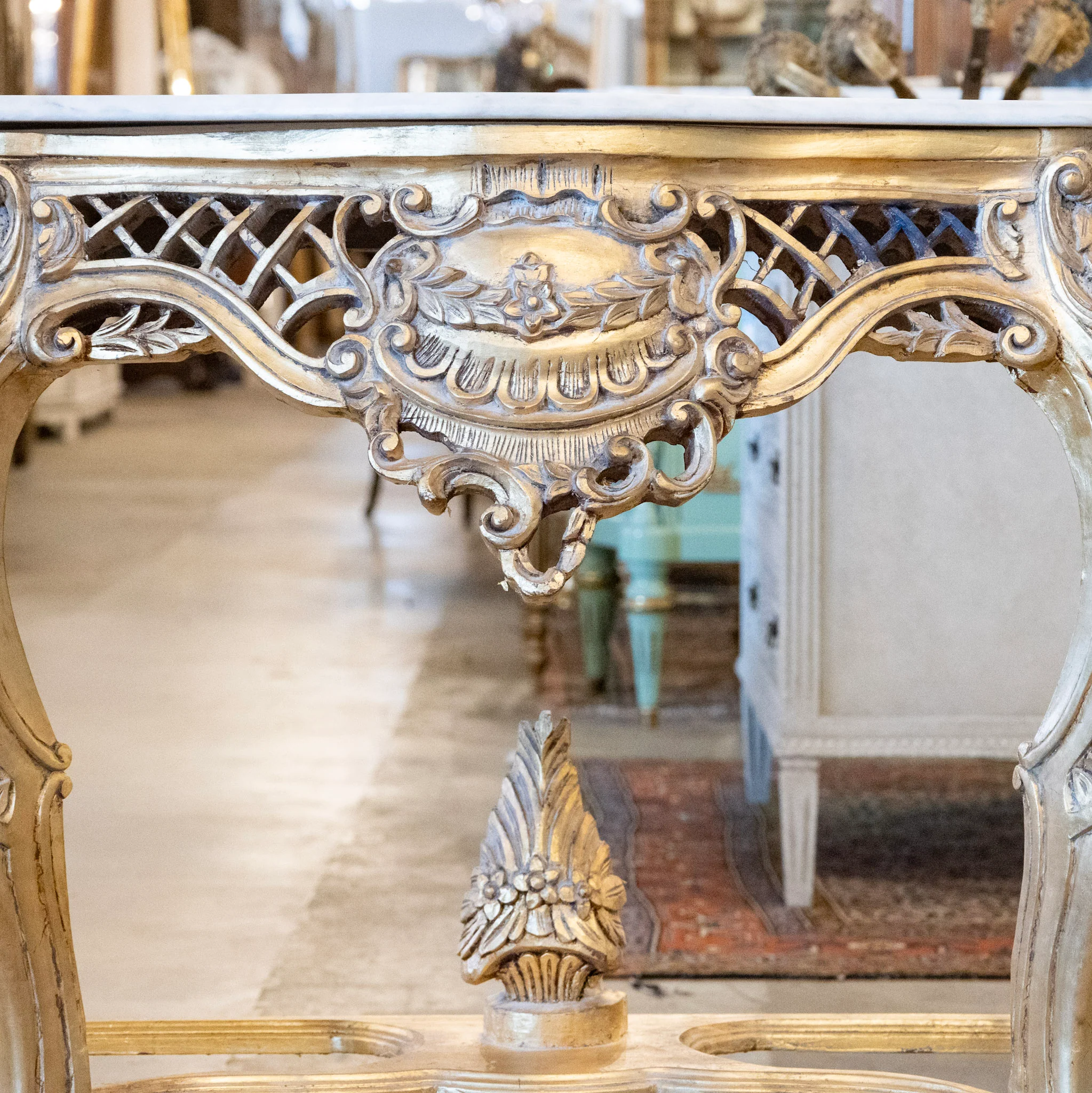 Louis XV Ornate Console Table – Gilded Carved Apron & White Marble Top - Image 4