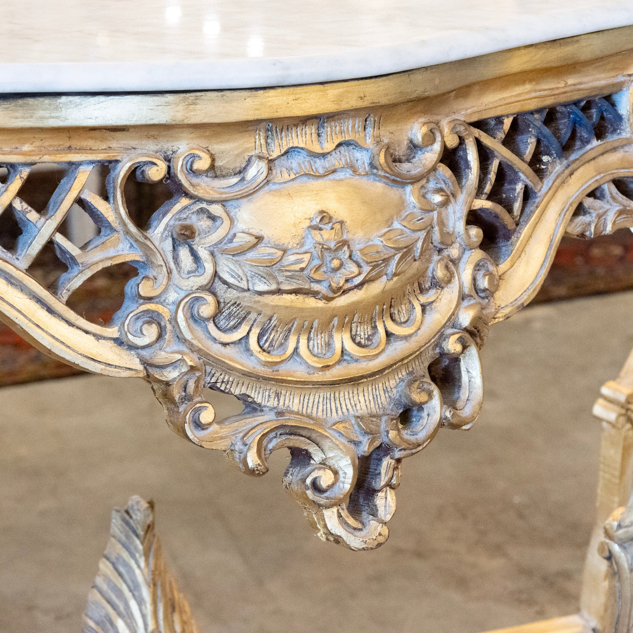 Louis XV Ornate Console Table – Gilded Carved Apron & White Marble Top - Image 5