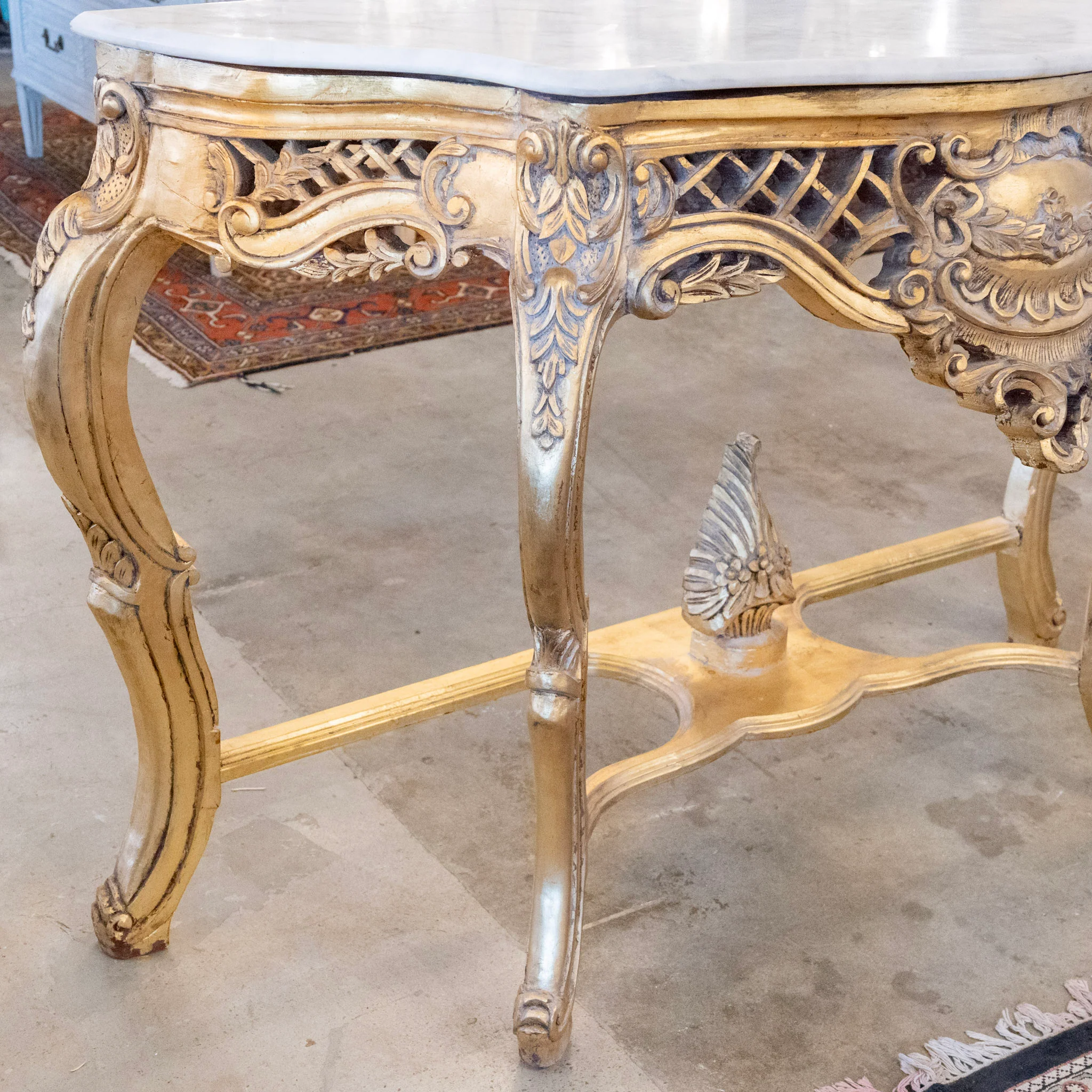 Louis XV Ornate Console Table – Gilded Carved Apron & White Marble Top - Image 6