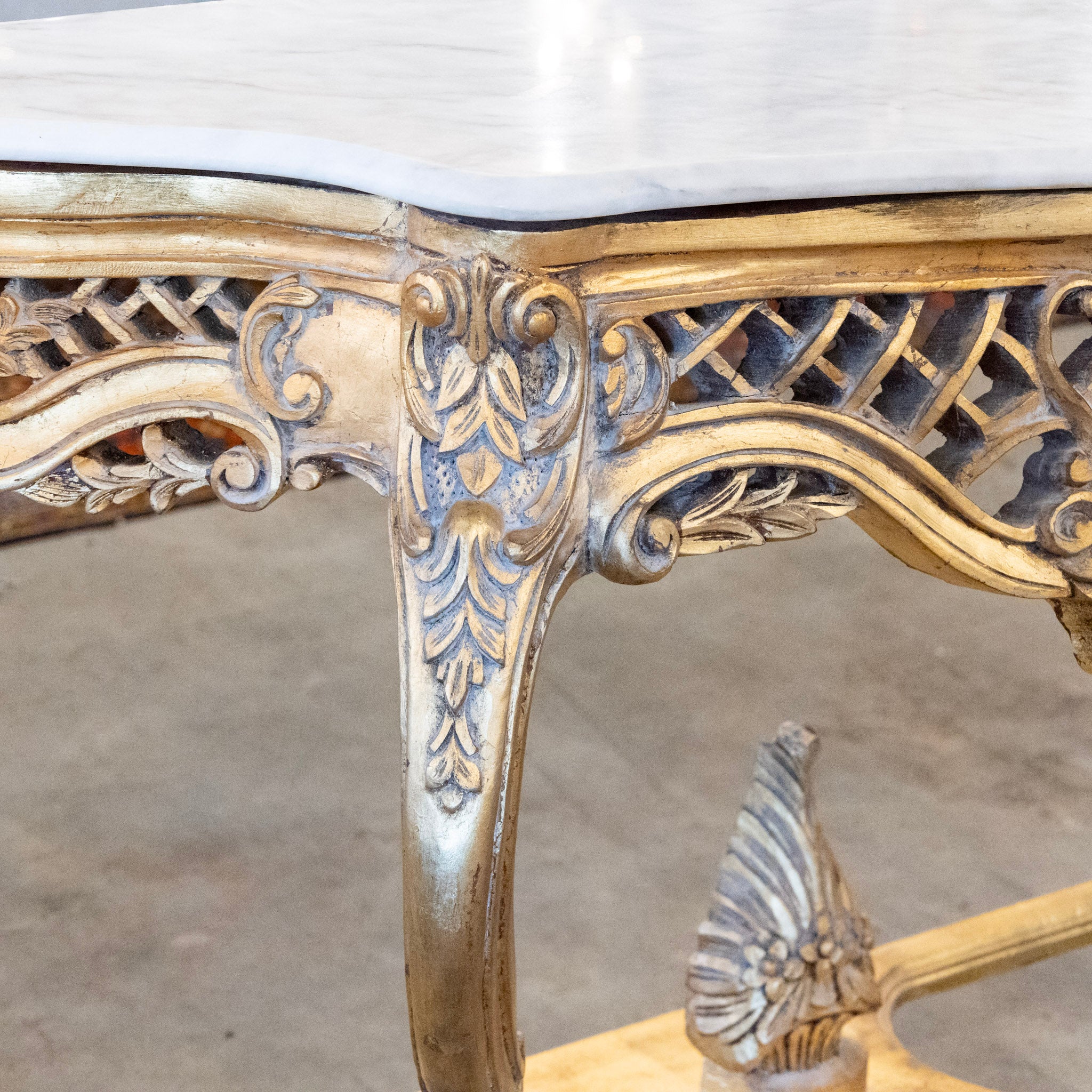 Louis XV Ornate Console Table – Gilded Carved Apron & White Marble Top - Image 7