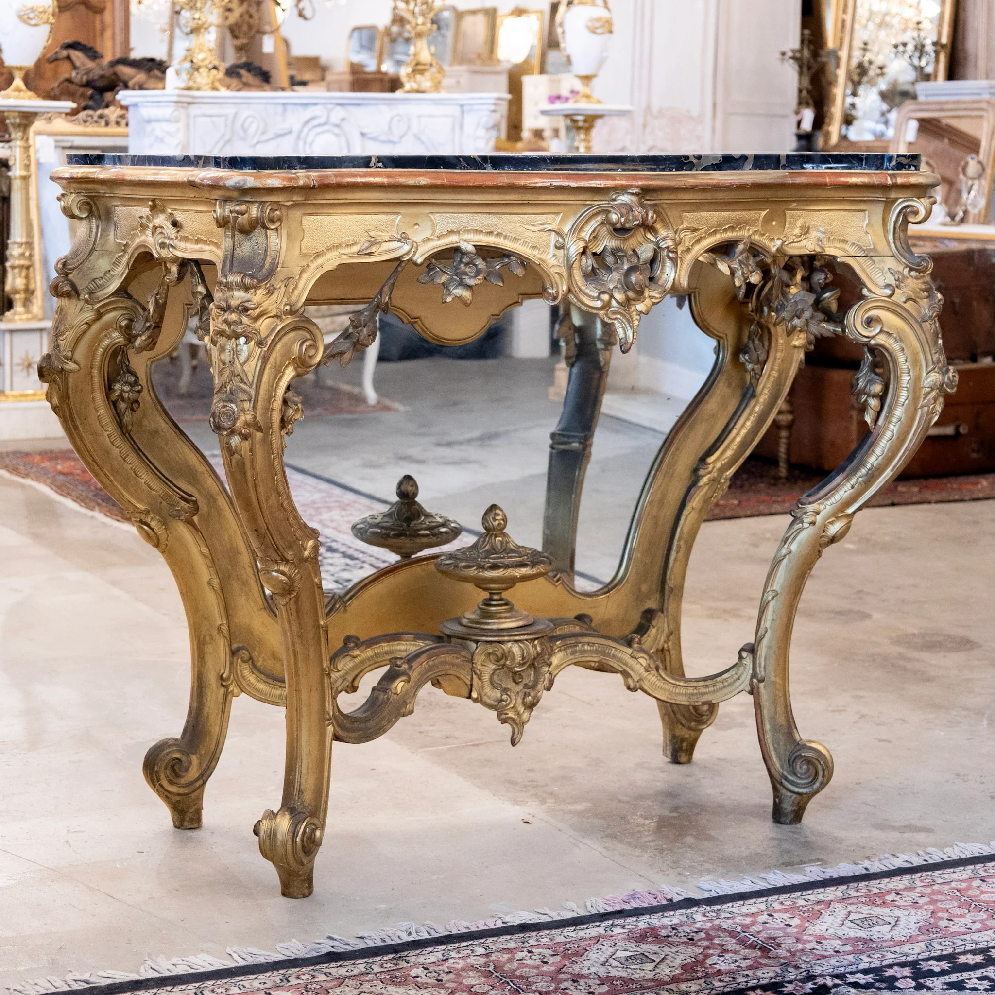 Louis XV Ornate Gilded Console Table – Black Marble Top
