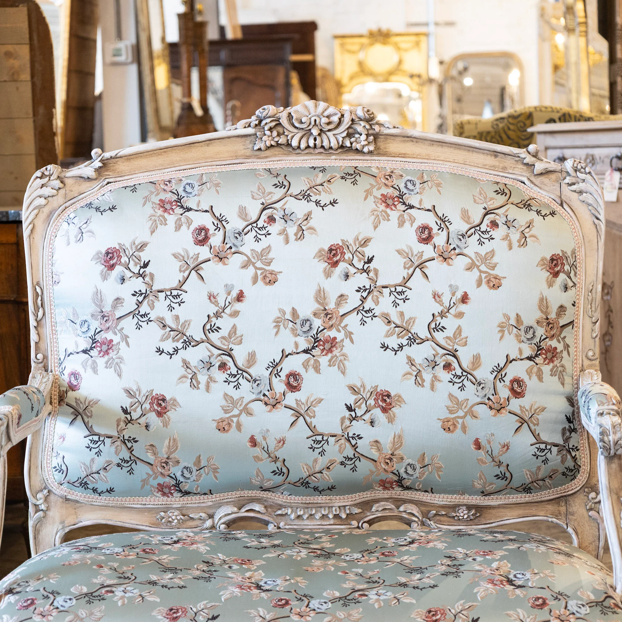 Louis XV Painted Settee – Floral Scalamandré Upholstery & Carved Trim - Image 3